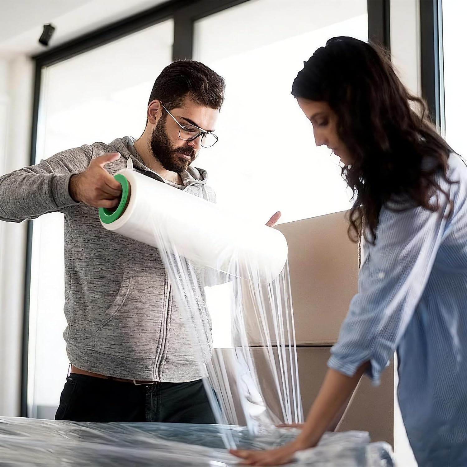 2 Rolls Clear Stretch Wrap 18" x 1000 FT x 80 Gauge, Industrial Heavy Duty Stretch Wrap Shrink Film, Durable Self-Adhering for Packing, Moving, Pallet, Included Wrap Holder