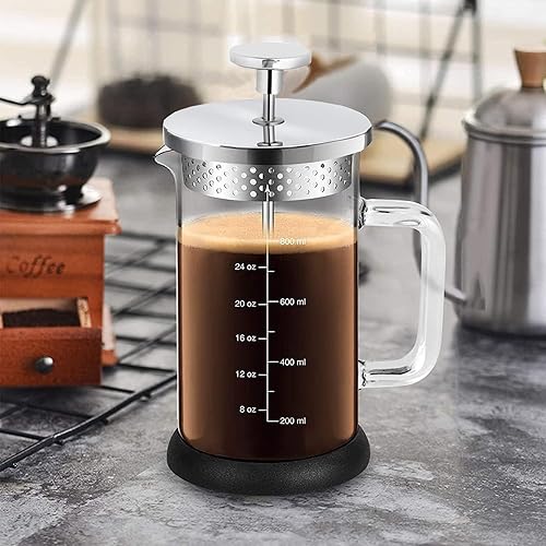 Miniatura 7 de YMMIND French Press Coffee Maker 34 Ounce Espresso Tea Coffee Maker with 4 Filters System, Stainless Steel Plunger and Heat Resistant Borosilicate