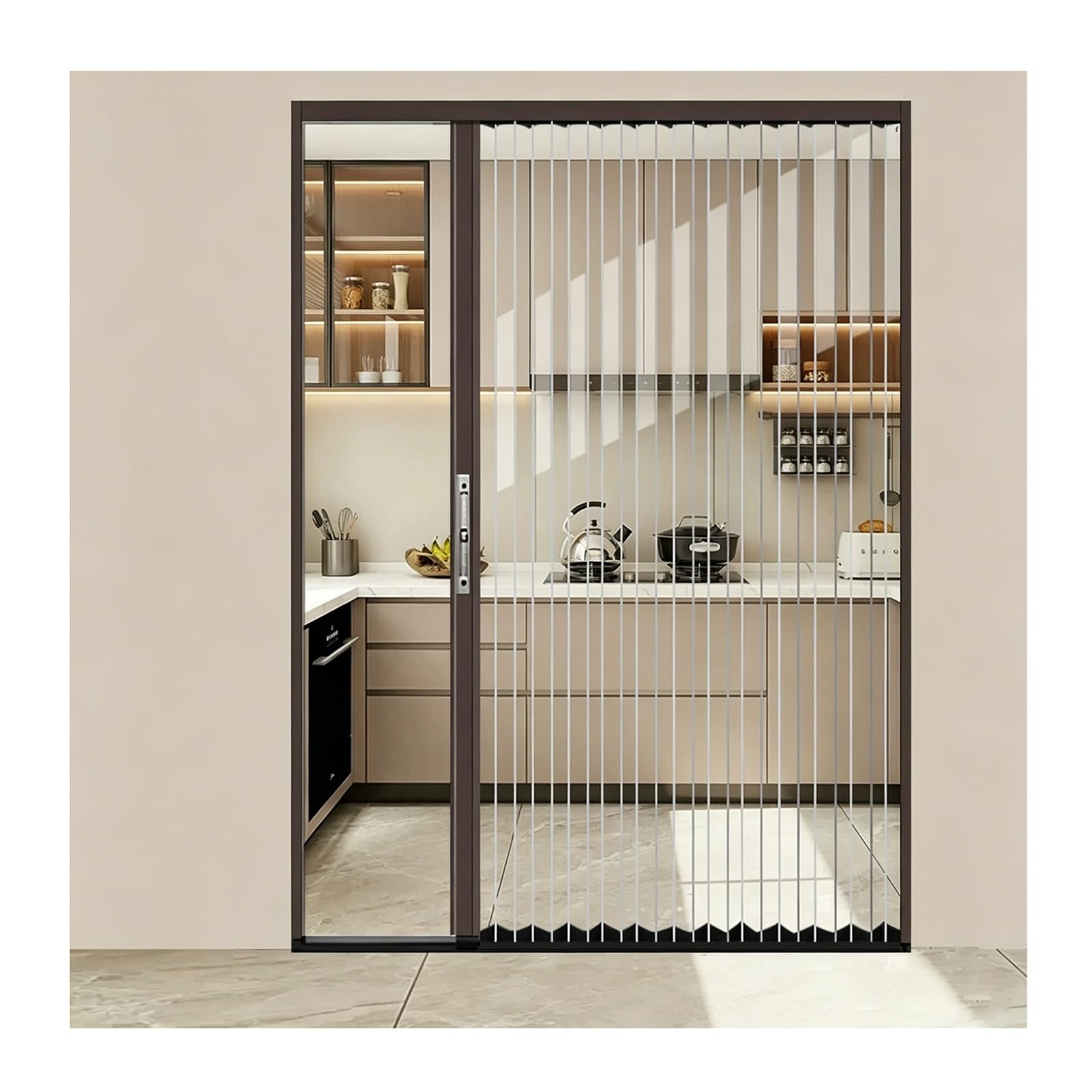 Kphymod Brown Custom Clear Pc Room Divider Accordion Folding Door, Renter Safe No Drill Aluminum Partition With Key Lock For Apartment Rental House(,92.6X210cm)