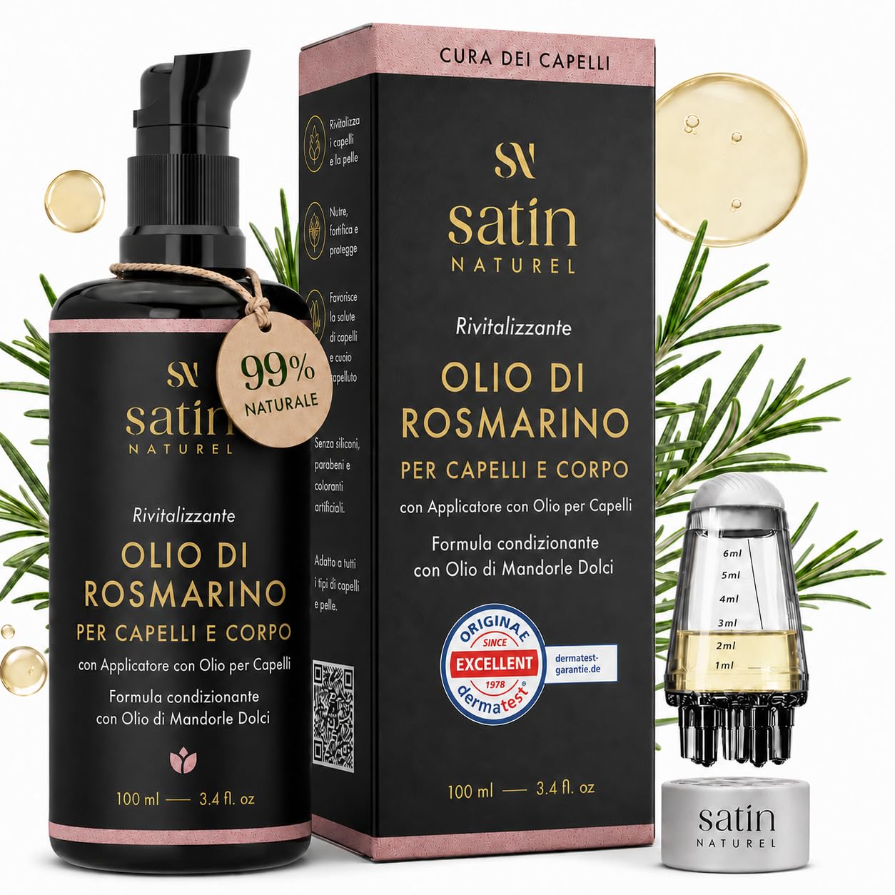 Satin Naturel Olio di Rosmarino Bio Capelli 100 ml – Olio Capelli Rosemary per Cuoio Capelluto e Capelli – con Olio di Girasole e Mandorla – con Applicatore per Massaggio Cuoio Capelluto