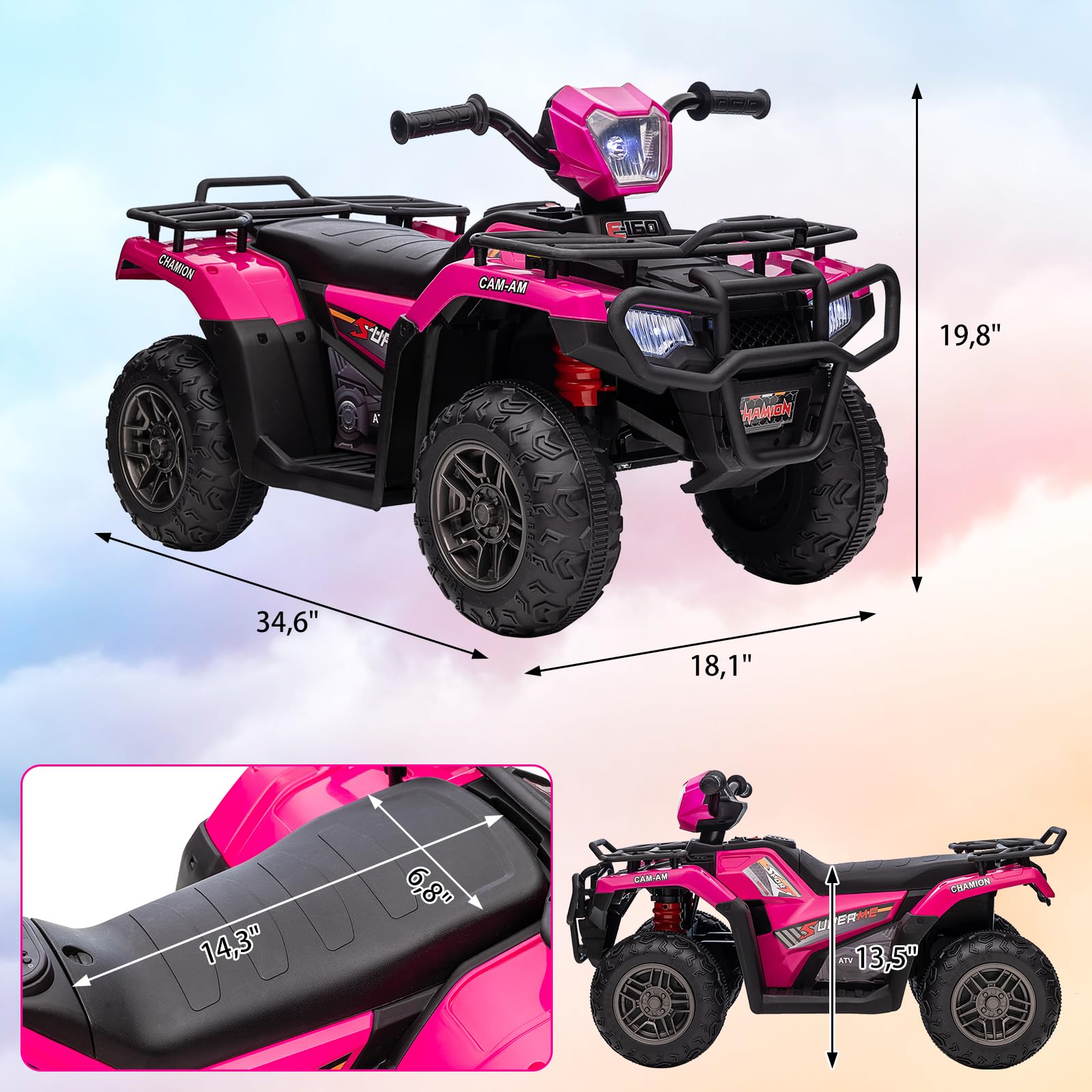 12V Elektro-Quad für Kinder – LED-Scheinwerfer, Musik, Vorwärts-/Rückwärtsgang, 4 Räder, 88x50x46cm, stabile Bauweise, Geschenkidee – Kinderfahrzeug ab 3-8 Jahre, Farbe: Rosa Rot