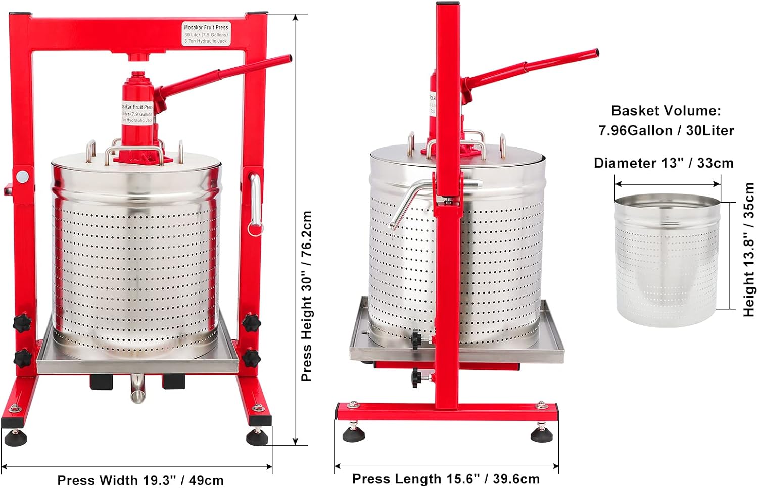 7.93 Gallon / 30L Mosakar Hydraulic Fruit Press. 3 Ton Pressure. Parts contact with Juice are AISI 304 Stainless Steel. Hydraulic Apple Grape Wine Cider Juice Press