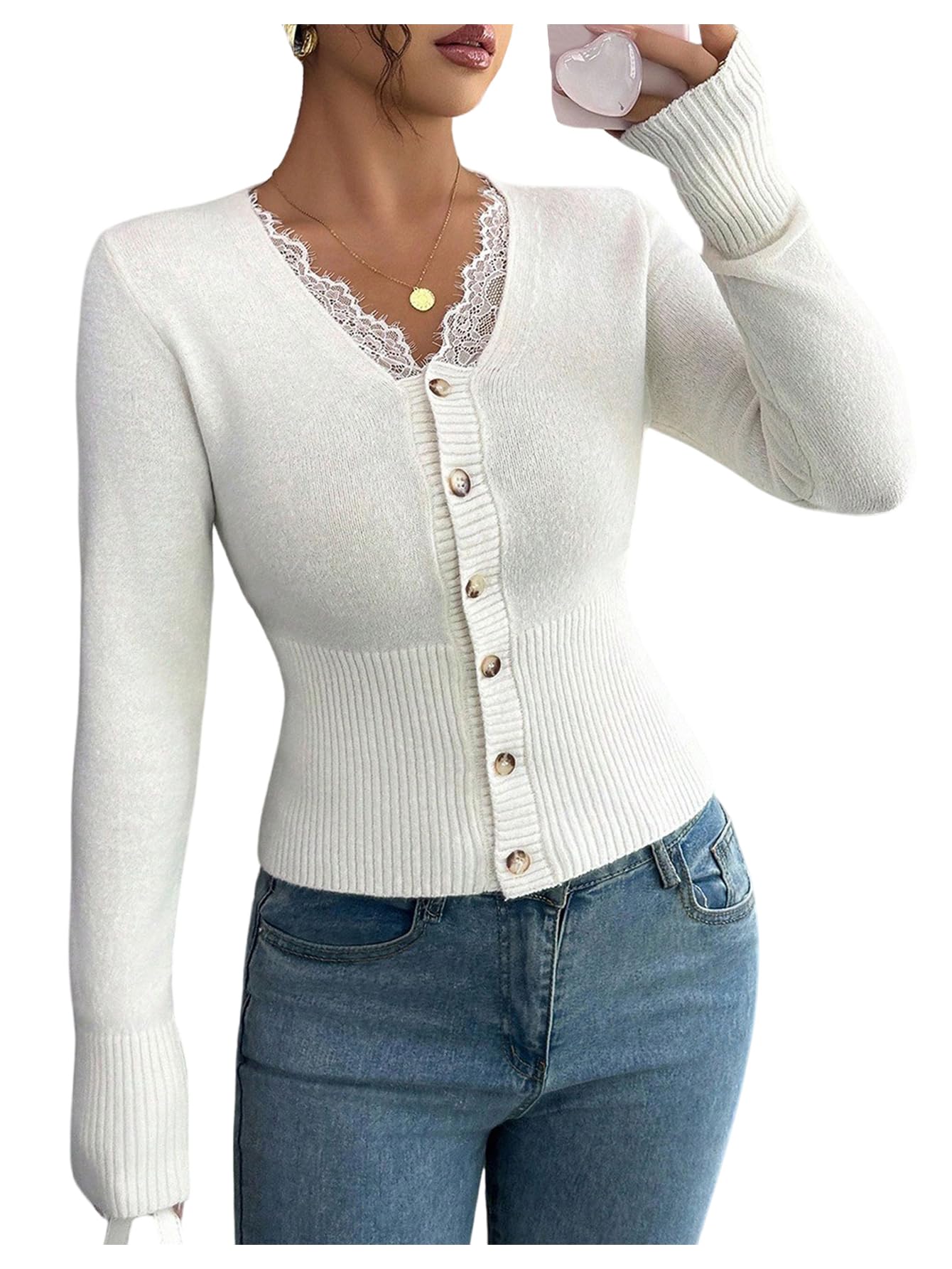 MakeMeChic Womens Lace Button Down Cardigan Long Sleeve Fitted Sweater Outerwear