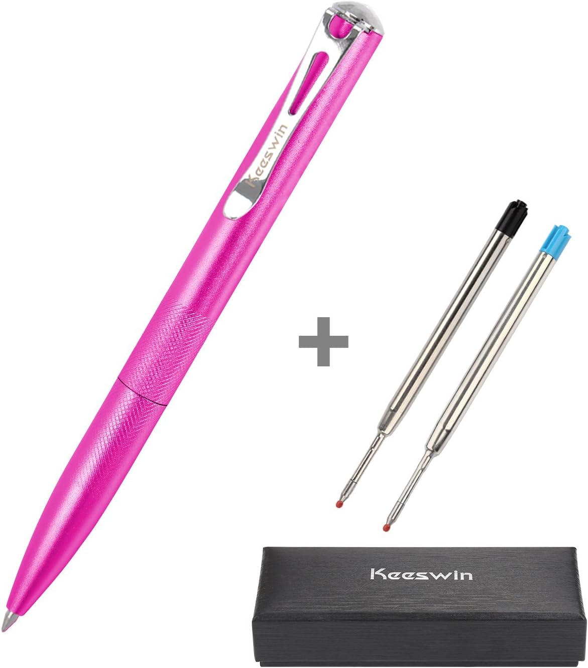 Keeswin Pen, Smooth, Fine Point, Metal Twist Roller Ball Pen Set ( 0.5mm Black&Blue Gel Ink Pen Refills)-Rose Red Barrel