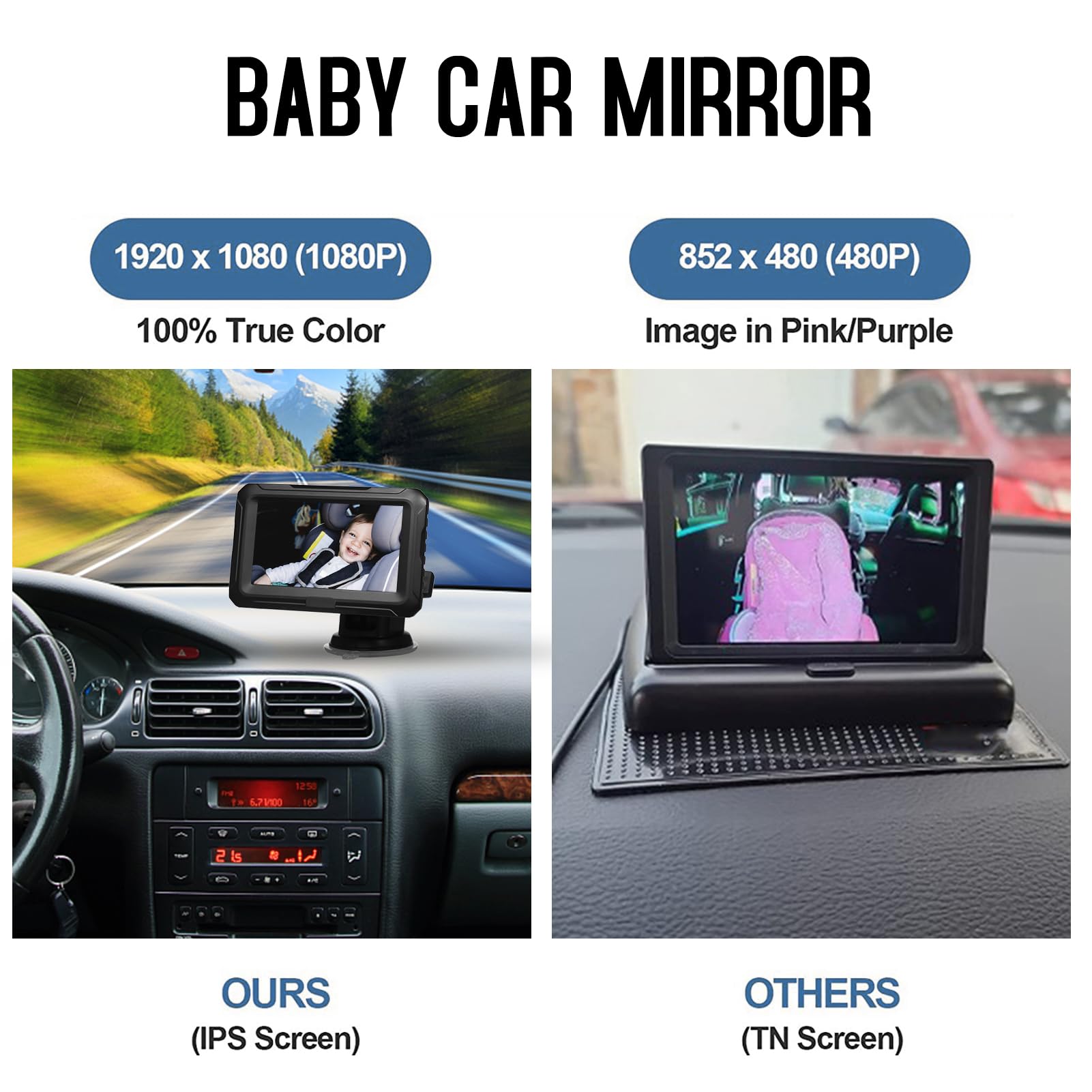 Miroir de voiture pour bébé, moniteur de bébé 1080p avec caméra, miroir de voiture pour bébé avec fonction IPS S n de 10,9 cm, grand angle de vue réglable pour nourrissons, enfants, animaux