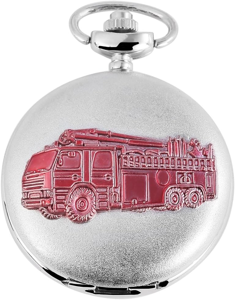 Tavo Lino Analog Pocket Watch with Metal Chain and Hook – Fire Engine Trucks 480812000098 Silver Coloured Case Dimensions 45 x 17 mm with Dial White and Mineral Glass Lens
