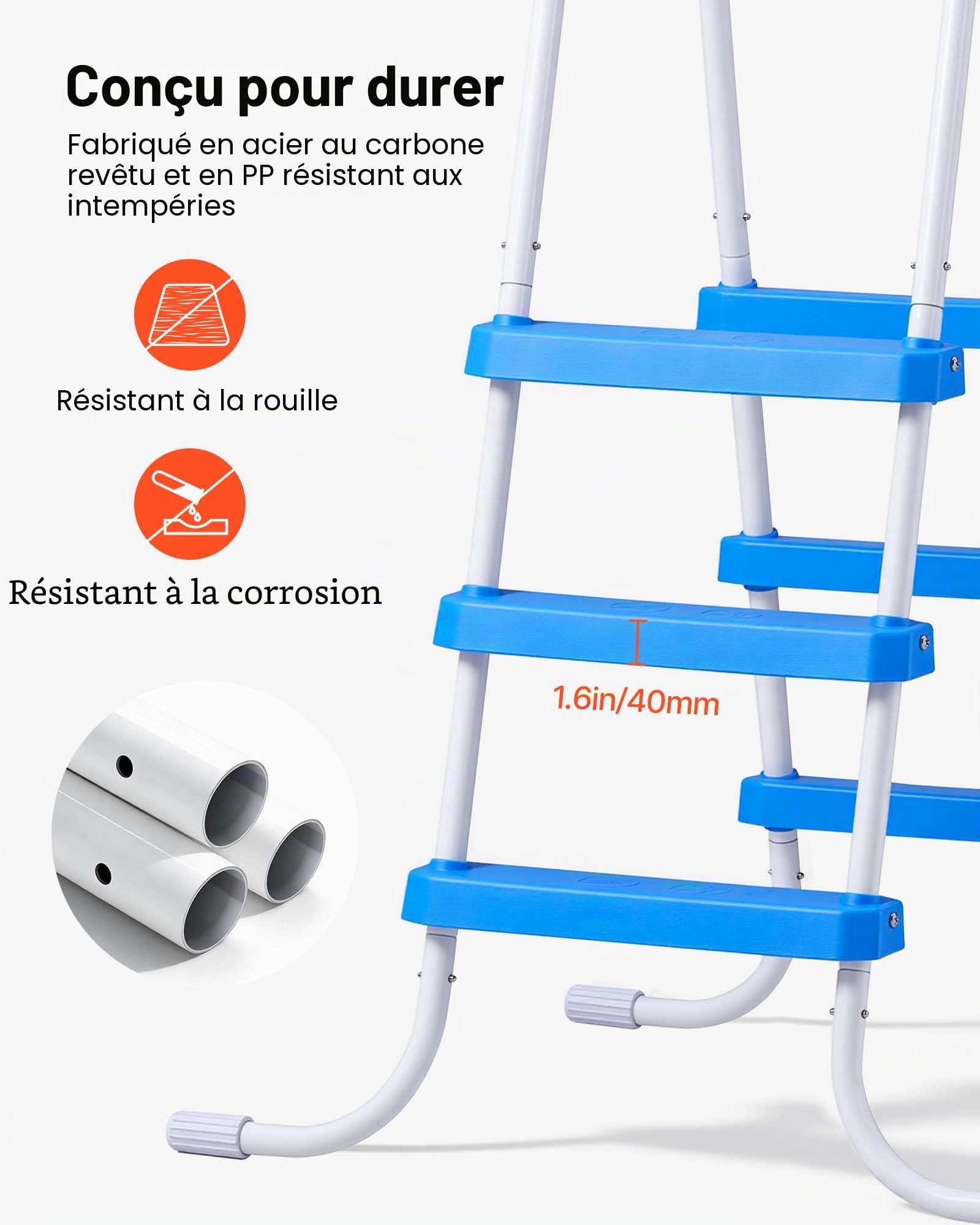VEVOR Échelle de Piscine Hors Sol 91,4 cm Acier Carbone 3 Marches PP Antidérapantes Capacité Charge 136 kg Blanc Bleu