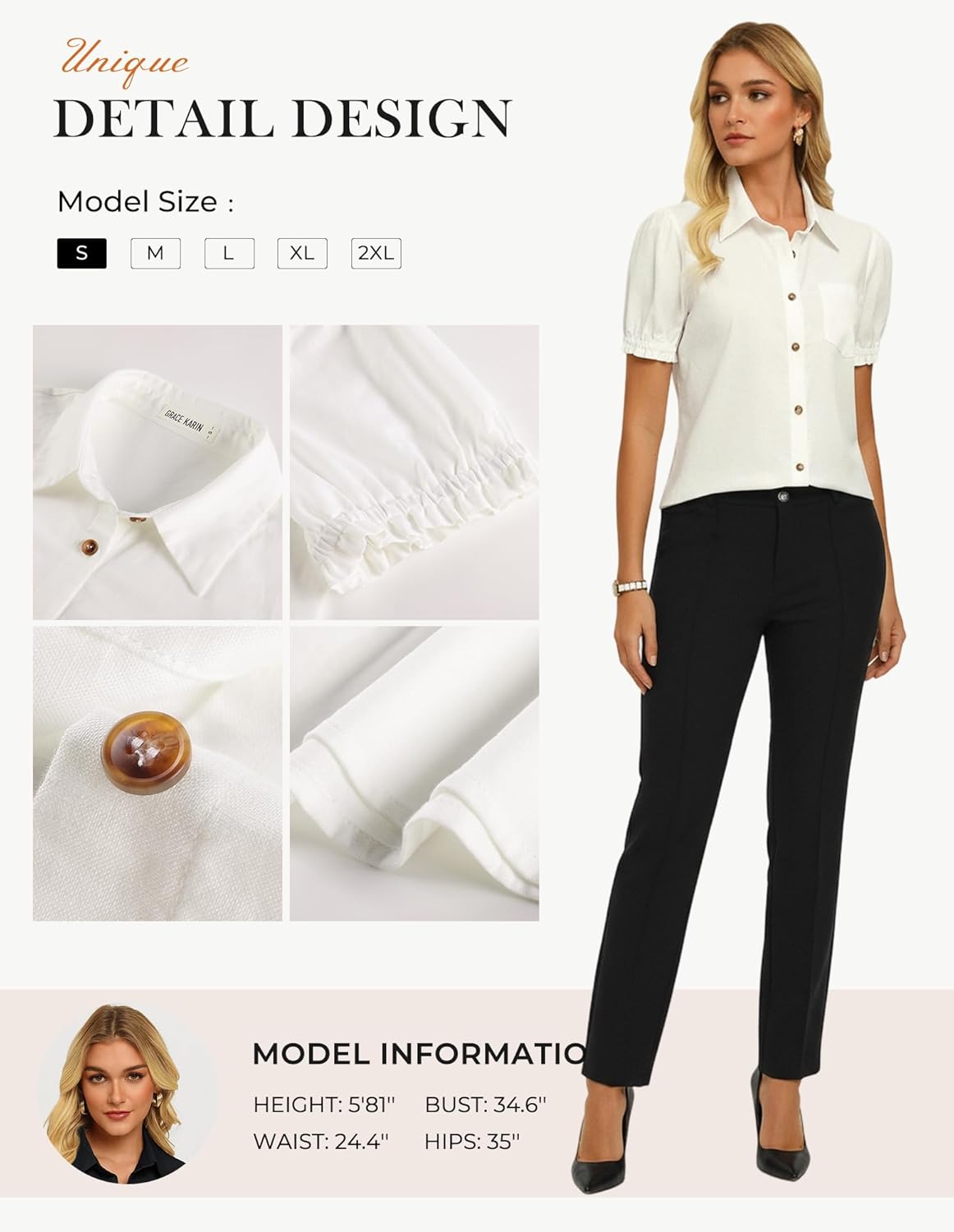 GRACE KARIN Women's Cotton Linen Blouse V Neck Puff Short Sleeve Button Down Work Summer Tops - Image 3