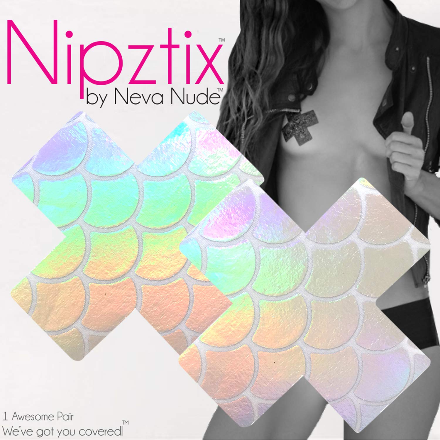 Neva Nude Iridescent Crystal Beamz Nipztix Pasties Nipple Covers for Festivals, Raves, Lingerie and More, Made in USA: Mystical Mermaid Holographic
