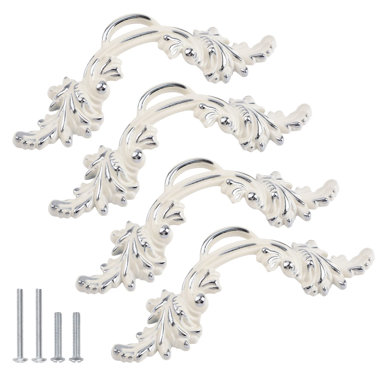 Morobor Cream Ivory White & Silver Border 4Pcs European Style Dresser Handles, Cream Ivory White & Silver Edge Vintage Cabinet Handles, 2.5 Inch Mounting Hole Distance, For Elegant Furniture Pulling