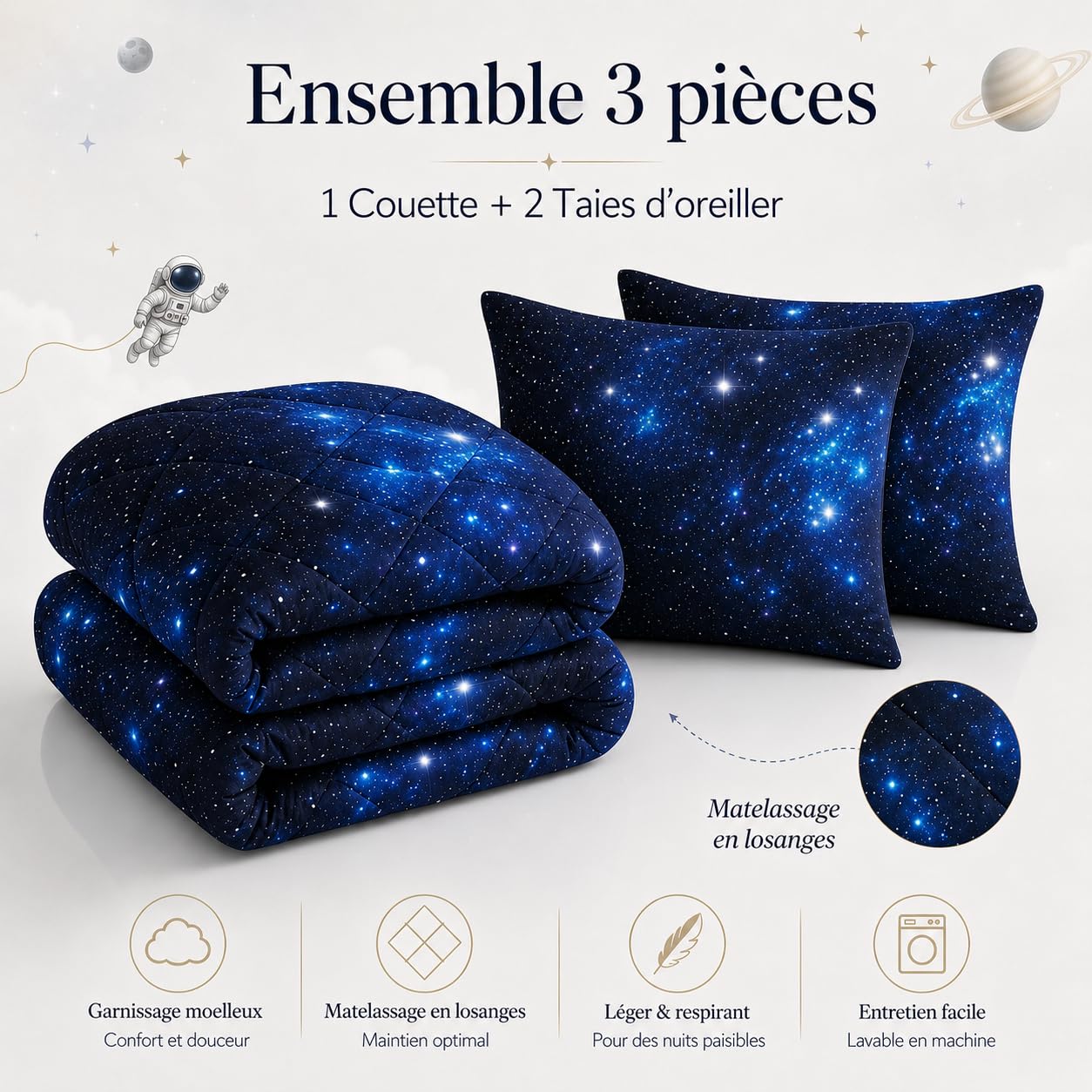 Couette Imprimée 260x240 4 Saisons,Couette Ciel éToilé Bleu Adulte 2 Personnes Grande Taille, Edredon Duvet Bleu Marine Ete Hiver avec 2 Taies d'oreiller,Lavable en Machine