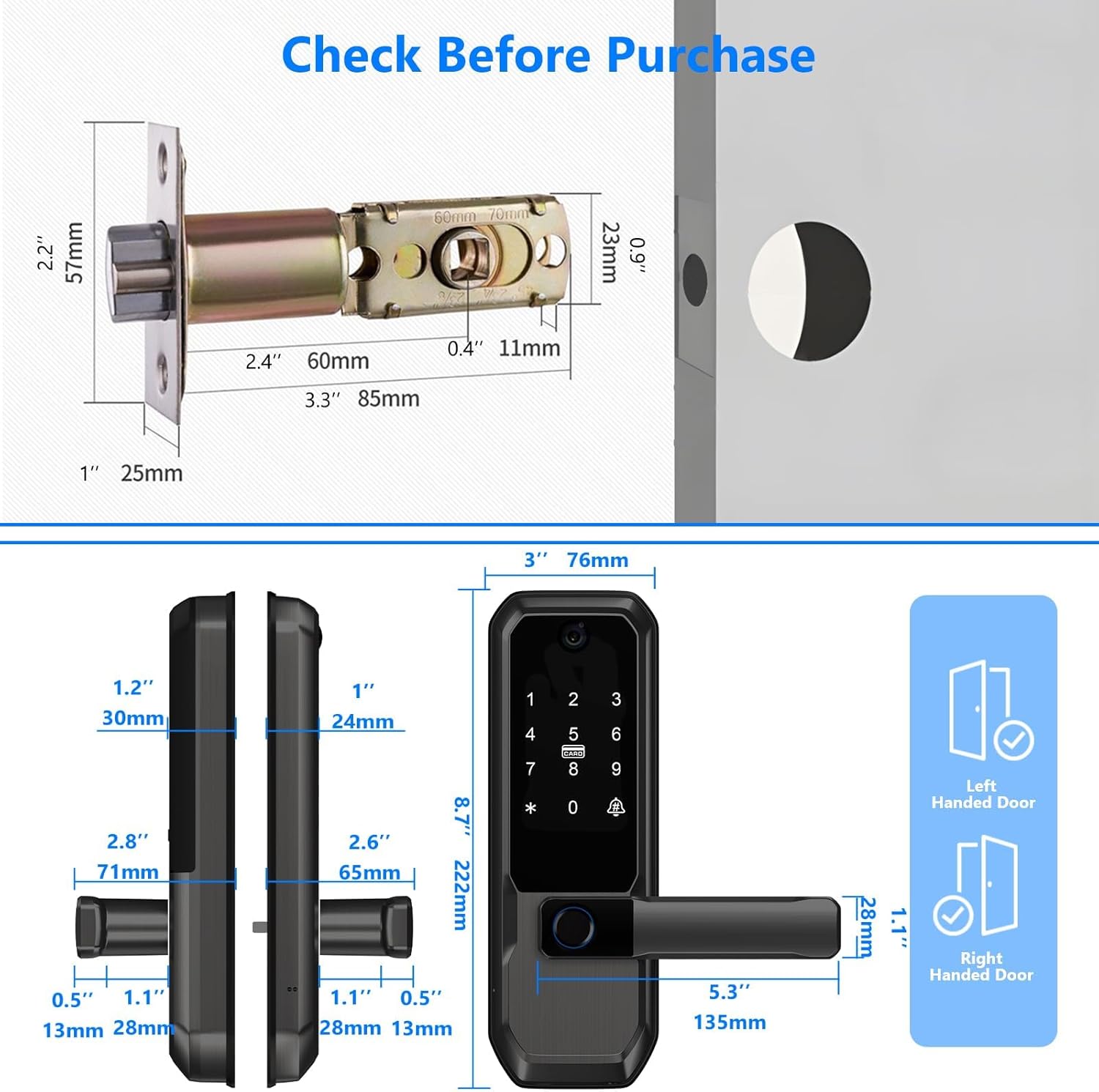 UMIKSMART TUYA WiFi Smart Deadbolt Lock with Handle and Active Video Peephole, Fingerprint Keyless Entry Door Lock for High-End Apartments and Condos, Anti-Peeping PIN, Smart App Remote Access Black