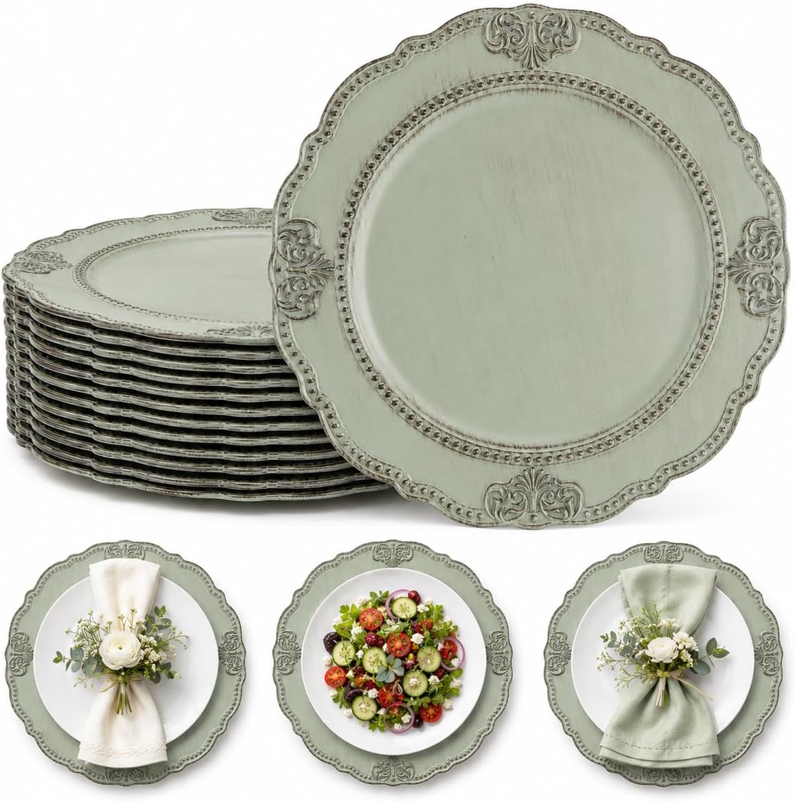 12PCS Antique Sage Green Charger Plates Bulk- 13in Heavy Duty Chargers for Dinner Plates- Round Plastic Plate Chargers w/Embossed Beaded Rim- Table Chargers for Wedding, Party, Holidays
