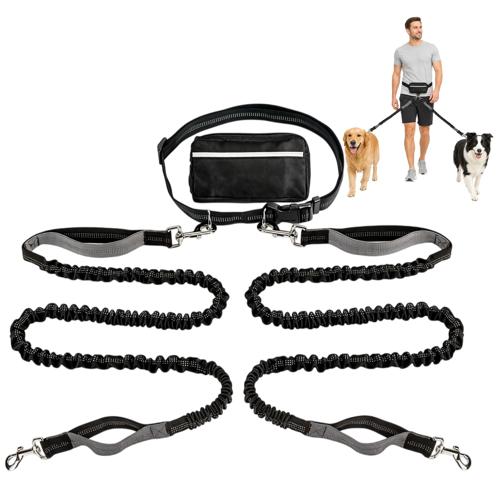 Hand Free Double Dog Lead, Dual Retractable Dog Running Lead with Waist Bag
