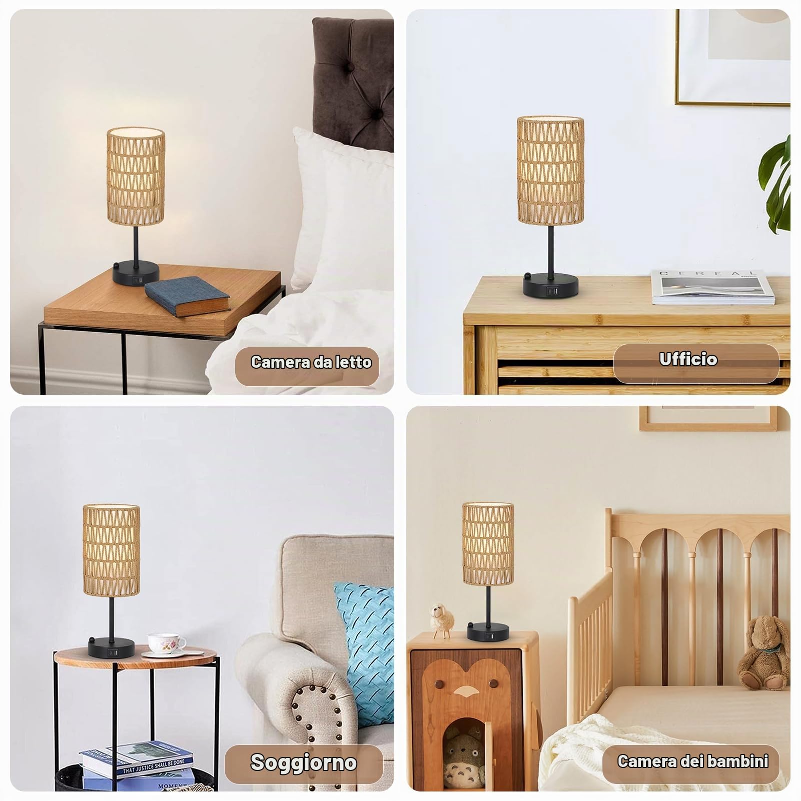 Rayofly Set di 2 Lampade da Comodino, Lampada da Letto Dimmerabile a Tocco con Funzione di Ricarica Porte USB A+C, Lampada da Tavolo Vintage con Paralume in Rattan e Lampadina LED per Camera da Letto