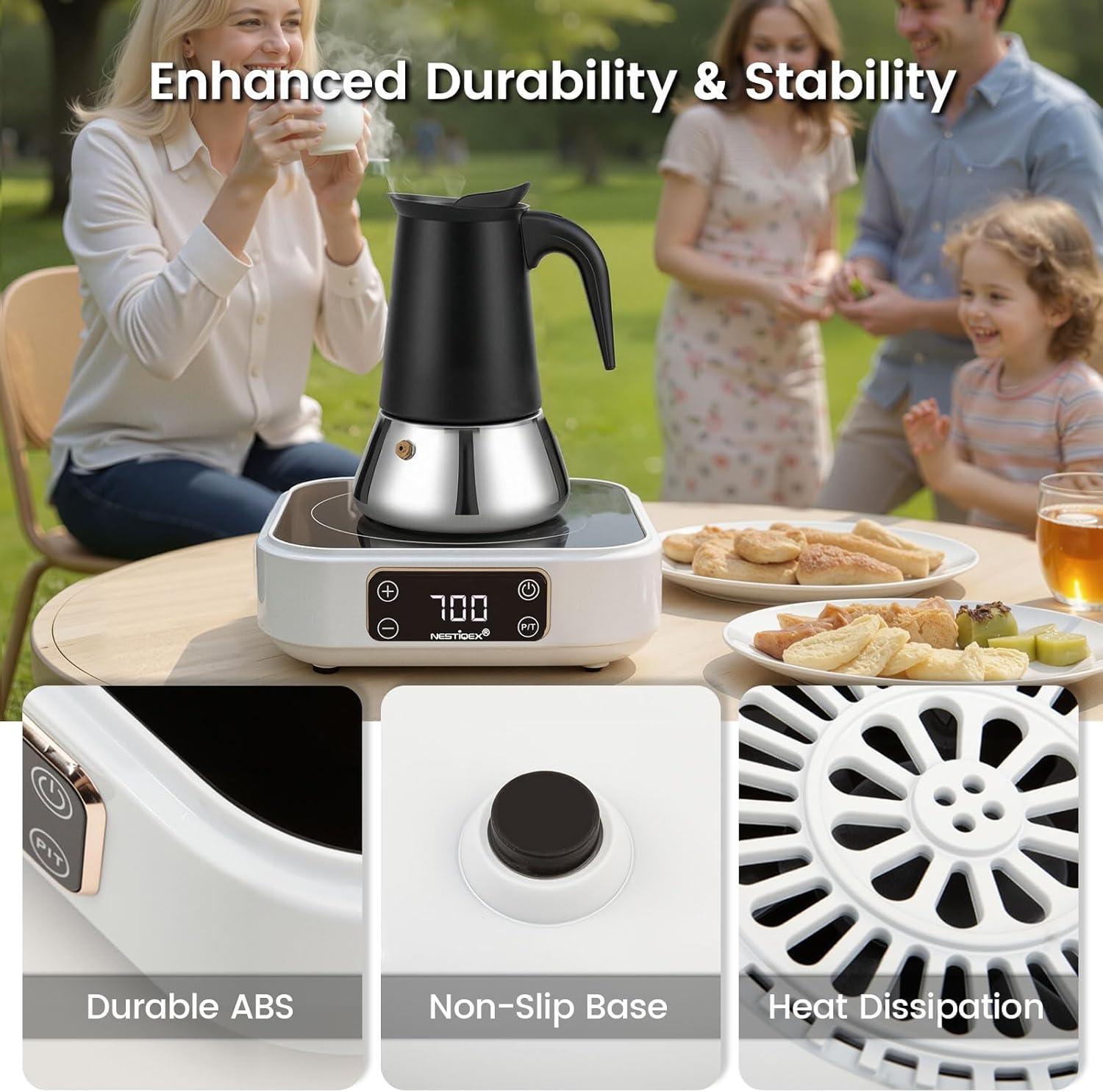 Moka Pot Coffee Maker 4 Cup with Mini Induction Cooktop - Stainless Steel Stovetop Espresso Maker Set 700W 120V Portable Burner for RV Travel Kitchen