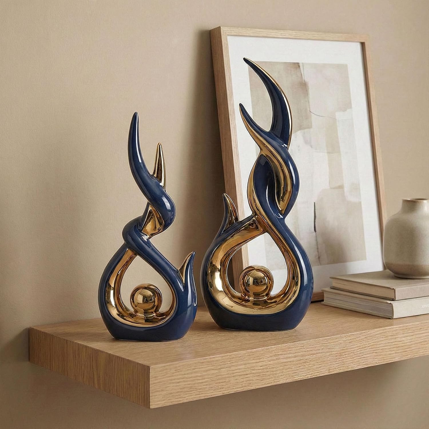 LCCCK Blue and Gold Abstract Ceramic Sculpture Set of 2 Modern Electroplated Figurines Decorative Statues for Living Room Shelf Mantel Tabletop Home Decor Housewarming Gift