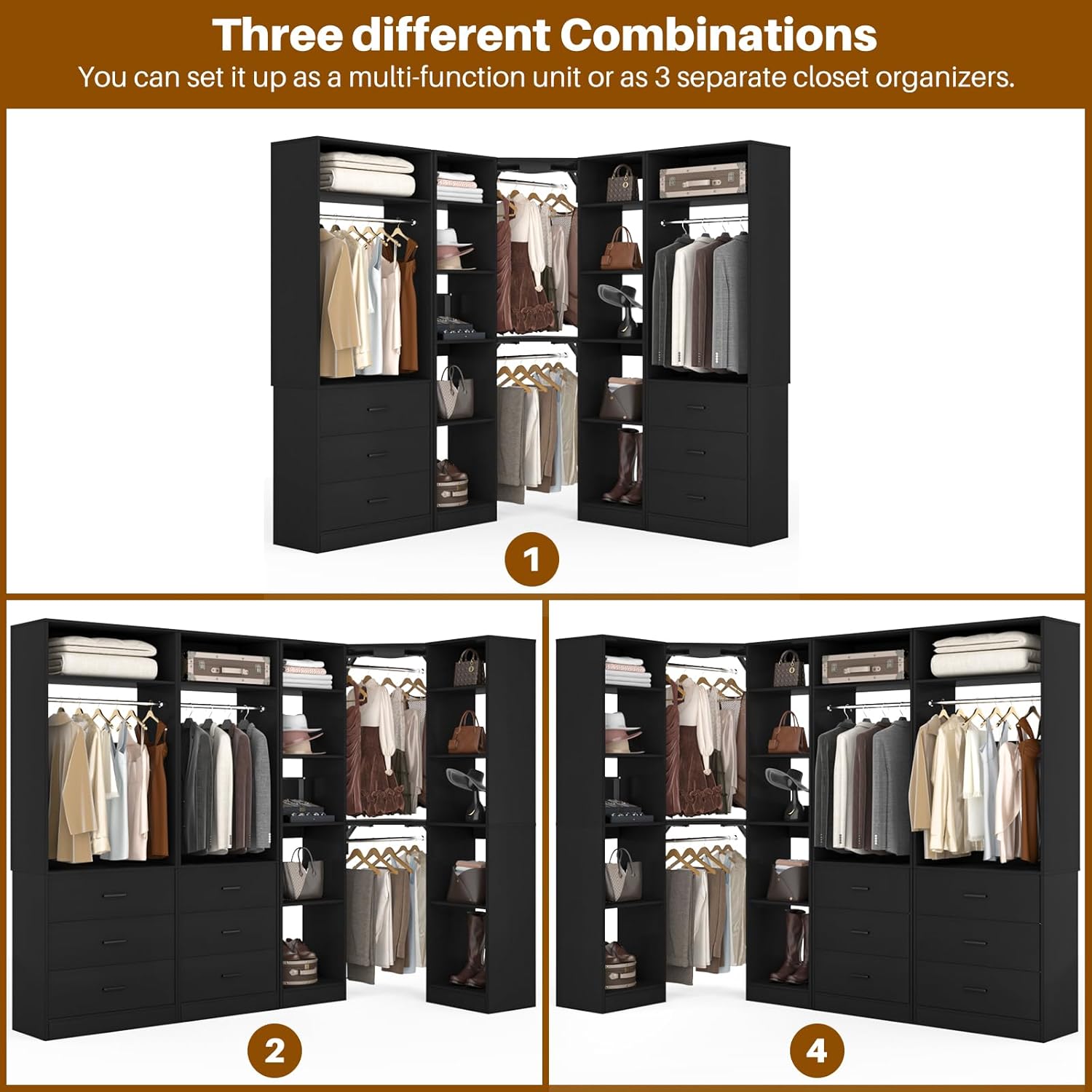 Diagram showing three different combination options for the Besiost closet system