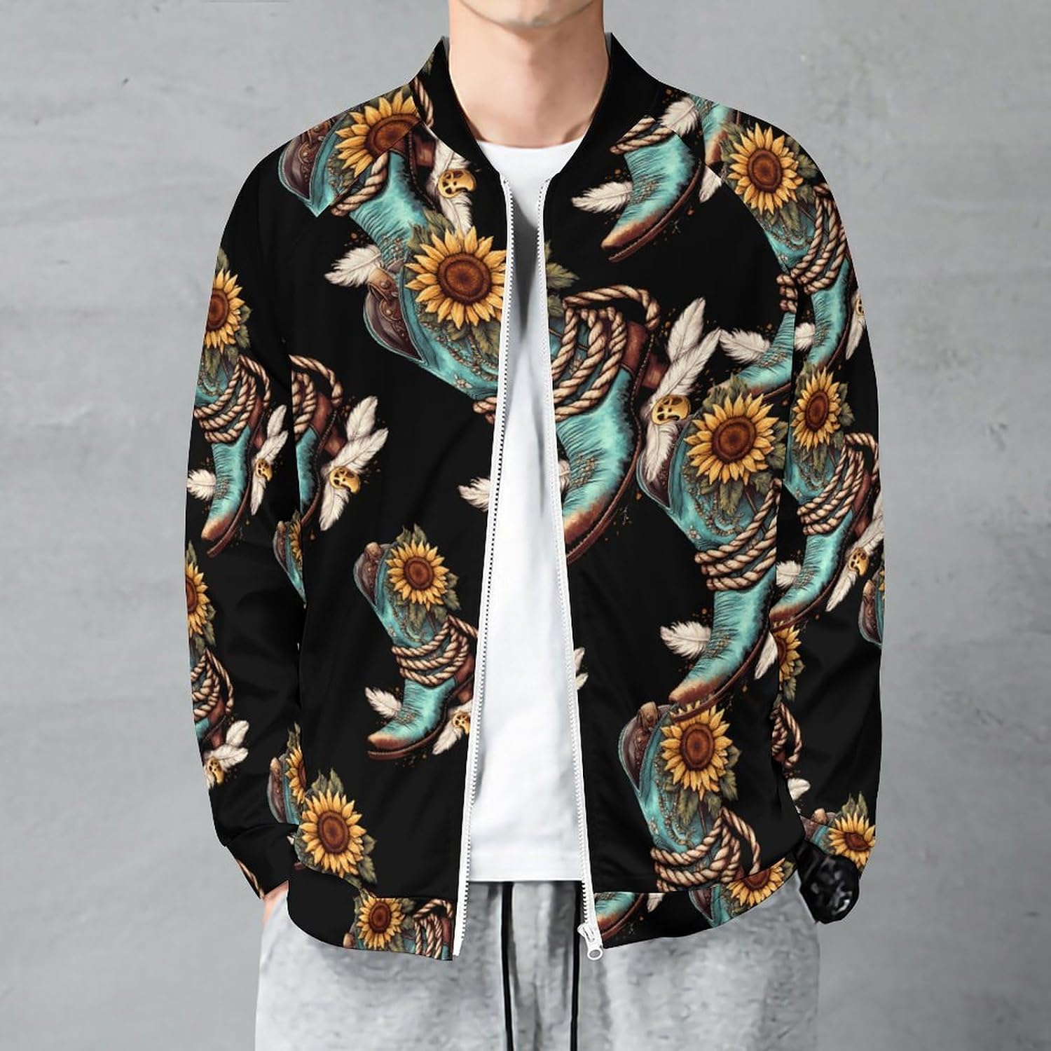 Boots Sunflower Feather Men's Zip Up Sweatshirt Casual Sweater Jackets Long Sleeve Tops Lightweight Coat