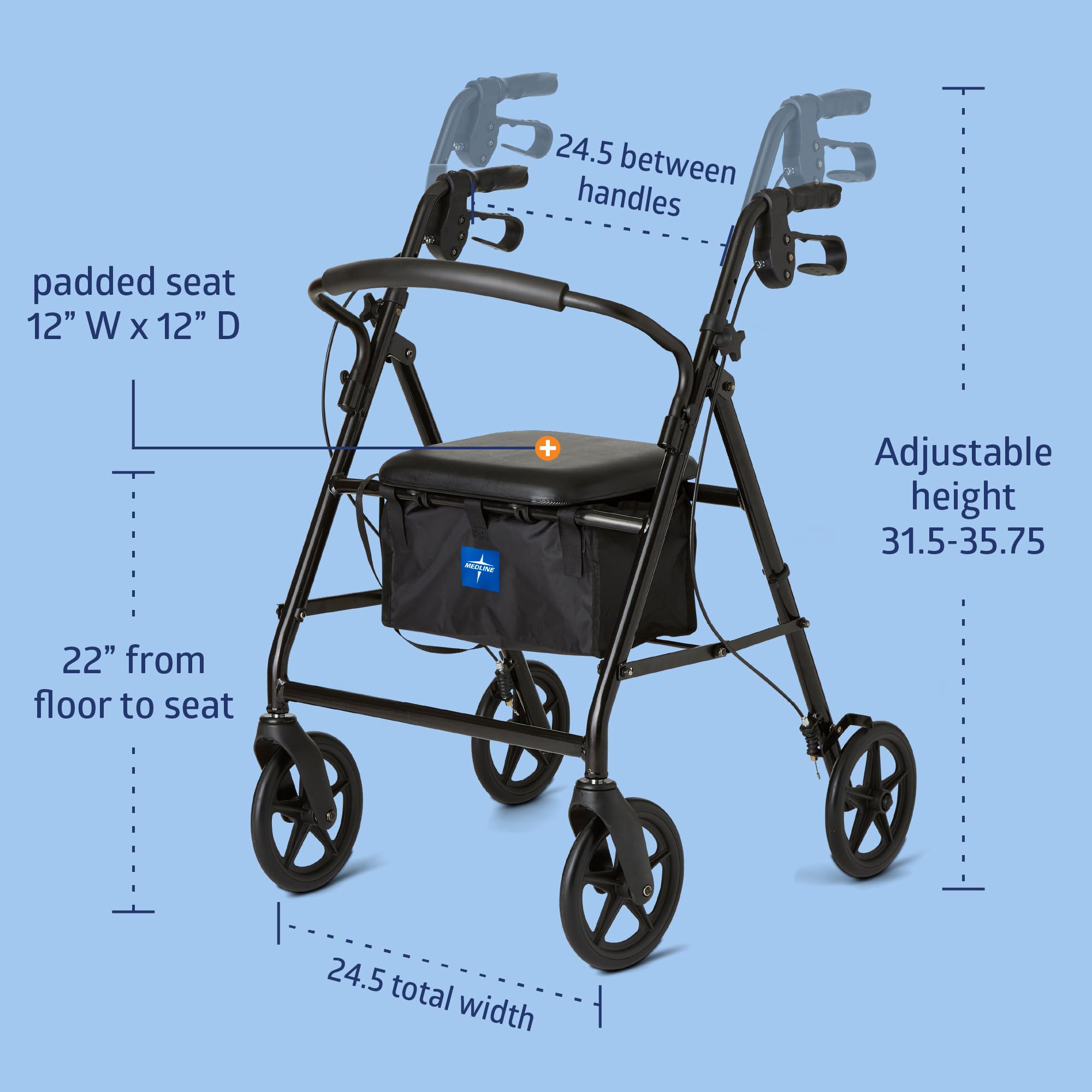 Medline - Andador de aluminio con asiento, plegable para movilidad con ruedas de 8 pulgadas, color negro