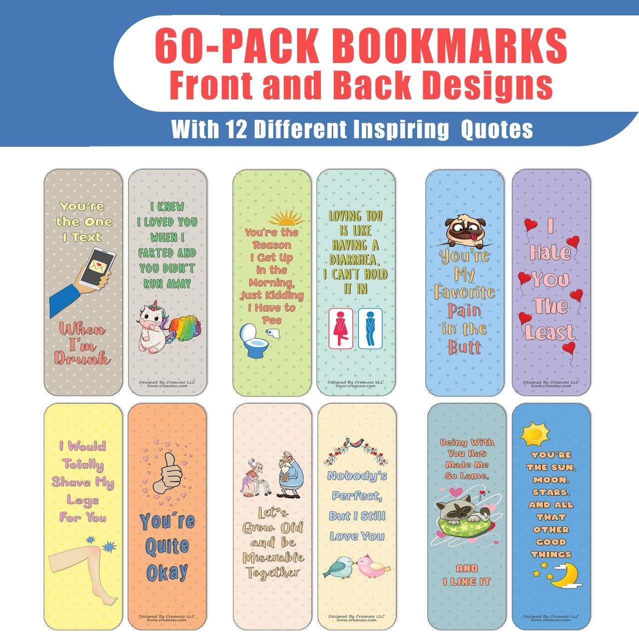 Creanoso Funny Love Confessions Bookmarks (60-Pack) - Premium Quality Gift Ideas for Children, Teens, & Adults for All Occasions - Stocking Stuffers Party Favor & Giveaways