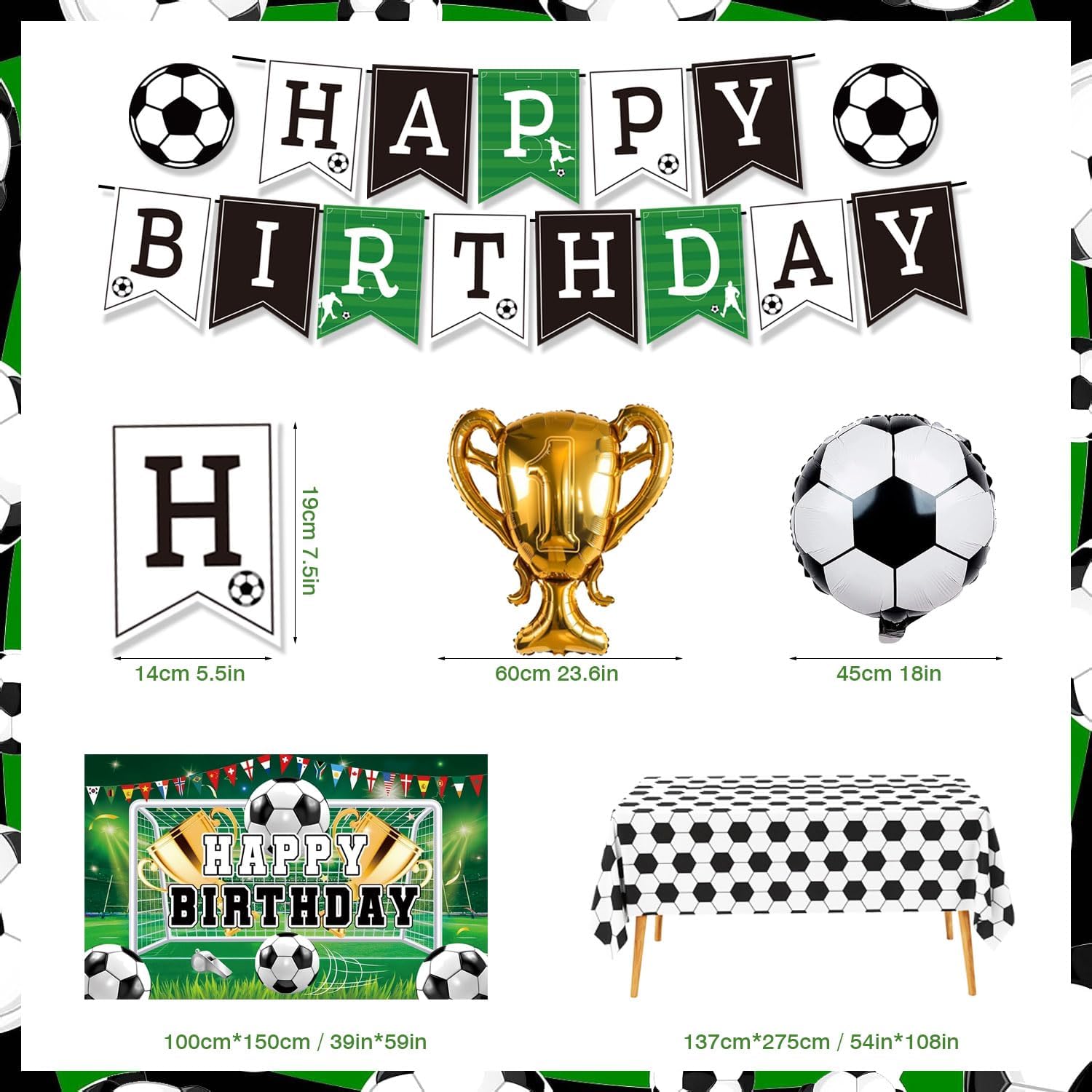 189pcs Soccer Birthday Party Decorations Includes Plates, Napkins, Cake Toppers, Banner, Hanging Swirls, Tablecloths, Balloons, Backdrop, Stickers, Temporary Tattoos for Soccer Party Decorations