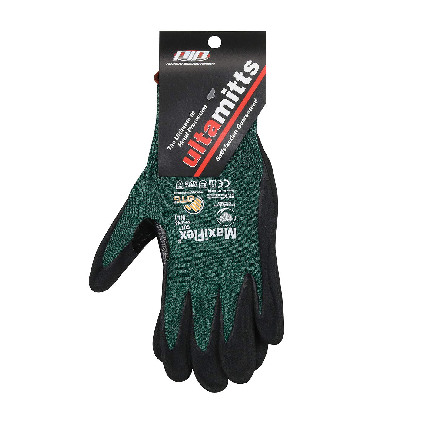 ATG 34-8743T/L Maxiflex Cut, Green Engineered Yarn Shell, Blk Nitrile Microfoam Grip, Tagged Green L