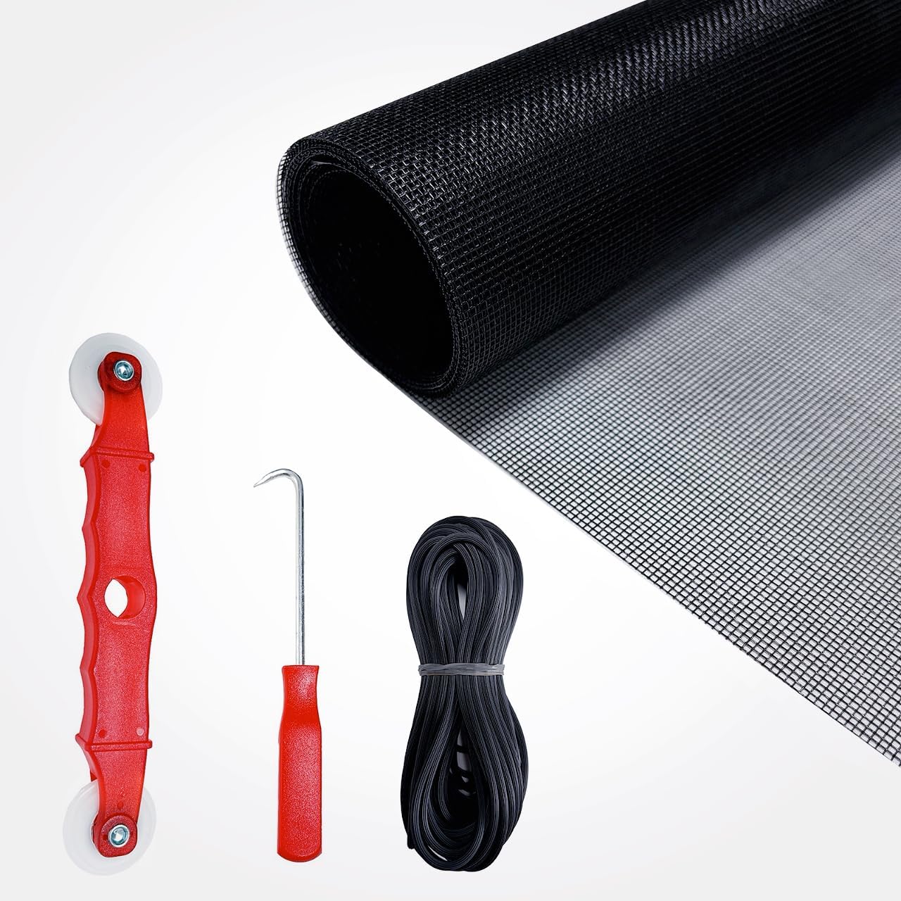 4PCS Window Screen Door Repair and Replacement Kit, 48"x118" Fiberglass Screen Mesh, 0.125" x 40' TPE Spline,Spline Roller and Remove Hook, Window Screen and Sliding Screen Door Replacement