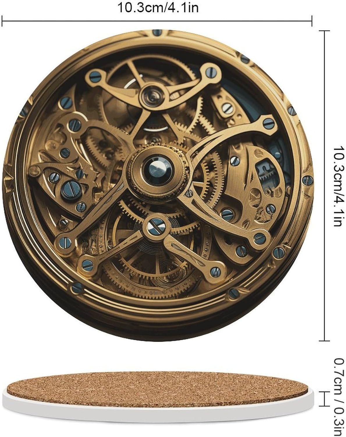 6PCS Cool Steampunk Gears Coasters Non-Slip Round Drink Coasters with Ceramic Stone and Cork Base, Heat Resistant Absorbent 33.00Stone Coaster Set for Kinds of Mugs and Cups, 4 Inch