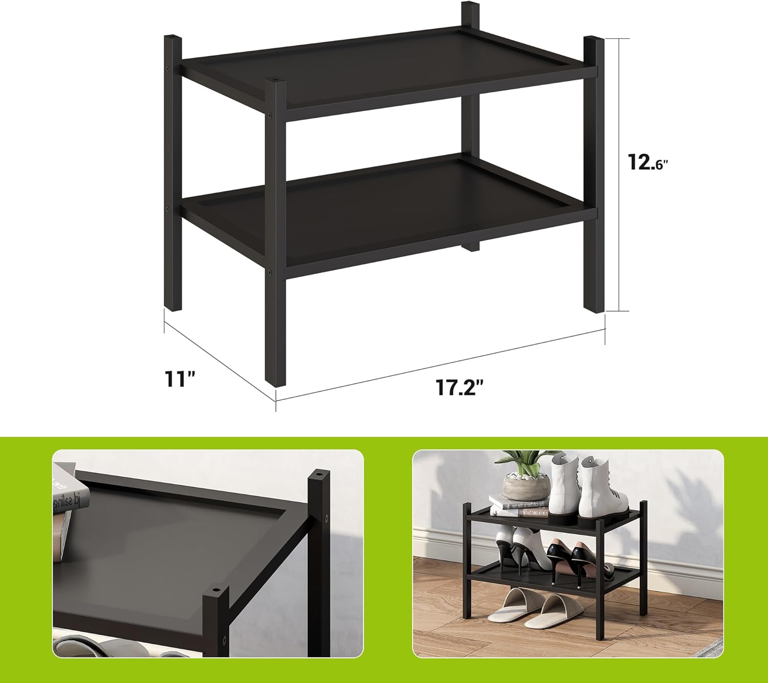 BMOSU 2-Tier Bamboo Small Shoe Rack Premium Stackable Shoe Shelf Storage Organizer for Hallway Closet Living Room Entryway Organizer(Black) Black Small-2-Tier?17*11*12.6inches?
