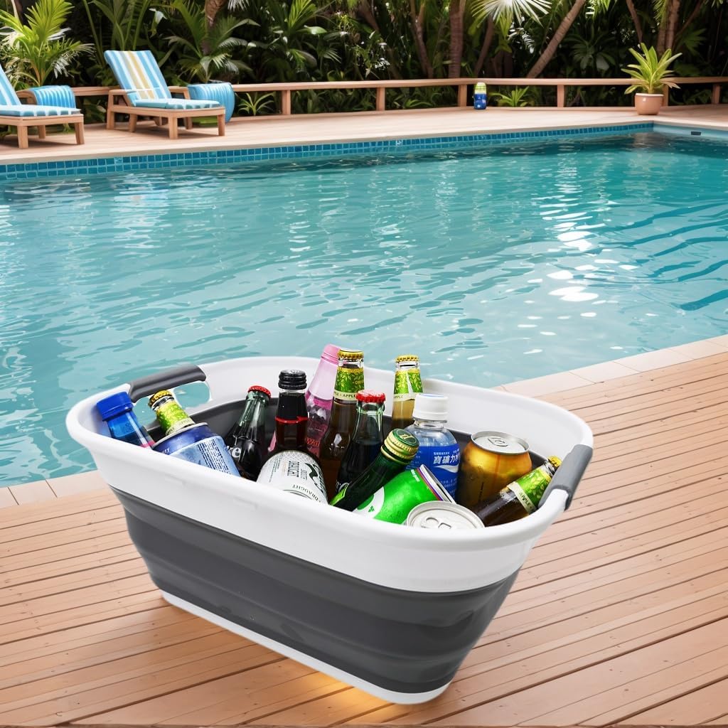 SAMMART 17.5L (4.6 Gallon) Small Collapsible/Foldable/Pop Up/Portable Washing Tub/Storage Basket, Water Capacity 13.5L/3.5 Gallon (1, White/Grey)
