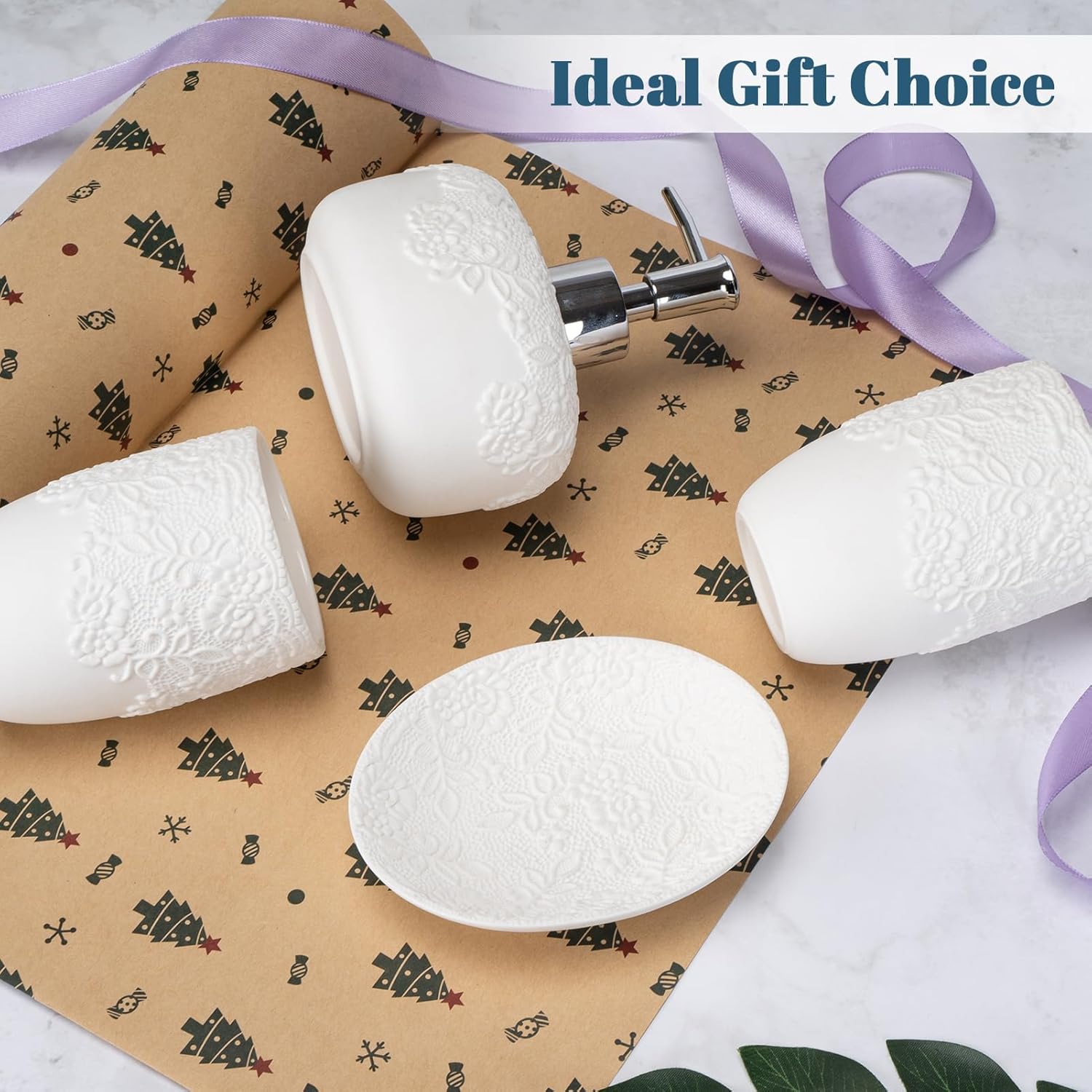 Ceramic White Bathroom Accessory Sets Embossed Design Look, Includes Bathroom Soap Dispenser with Rust-Proof Plastic Pump 13.5oz & 2Pcs Ceramic Cup,1Pcs Soap Dish