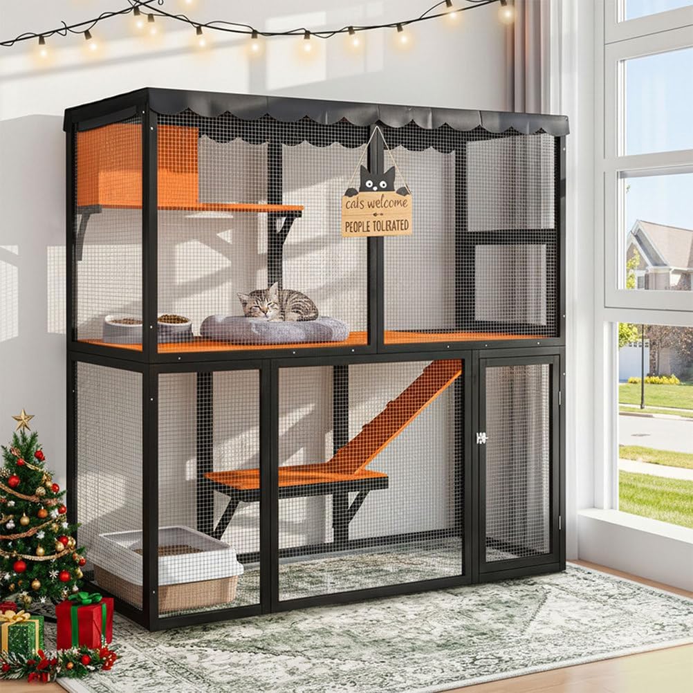 79" Large Outdoor Catio Cat Enclosure, All-Weather Resin Insulated Feral Cat Shelter, Durable & Waterproof Weatherproof Pet Cat Condo, with Waterproof Cover,Outdoor Cat Catio Ramp
