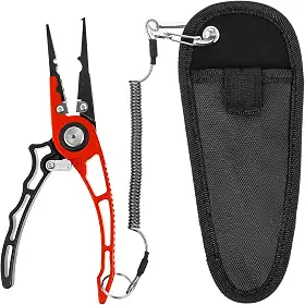 Alicate de pesca, alicate de pesca de liga de alumínio, removedor de gancho com trava de segurança, alicate de anel dividido multifuncional com bainha e cordão, equipamento de pesca profissional para
