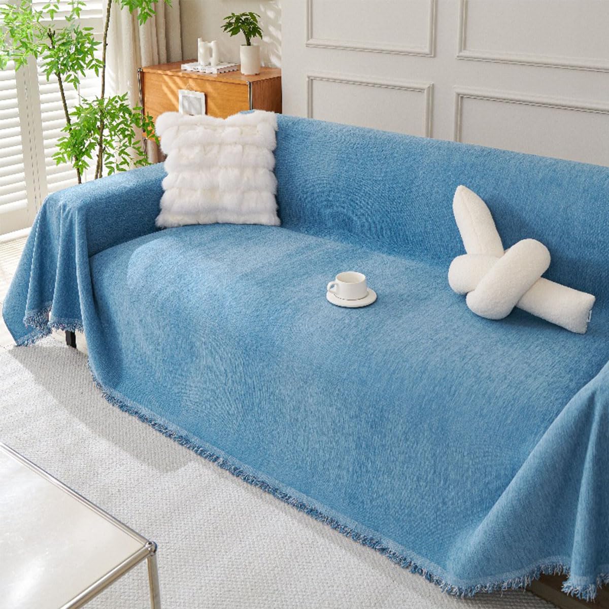 Nordic Solid-Colour Chenille Sofa Throw Slip-Resistant & Cat-Scratch-Proof Sofa Cover Couch Protector Loveseat L Shaped Covers with Tassel,Suitable for All Seasons(Size:180x380cm,Color:Light blue)