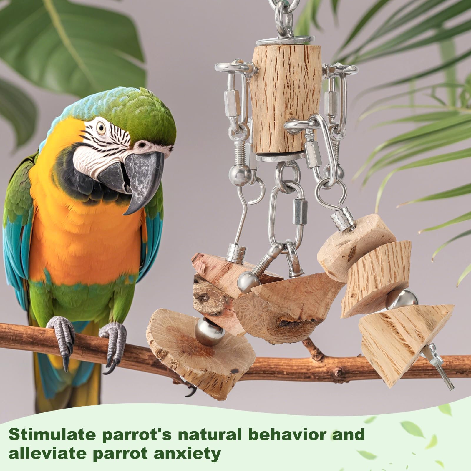 Lulu Buddy's Giocattolo da masticare in acciaio inossidabile e legno di pero selvatico che aumenta la gioia, gancio indistruttibile per ara, cacatua/grigi africani, gioco interattivo sicuro e pace