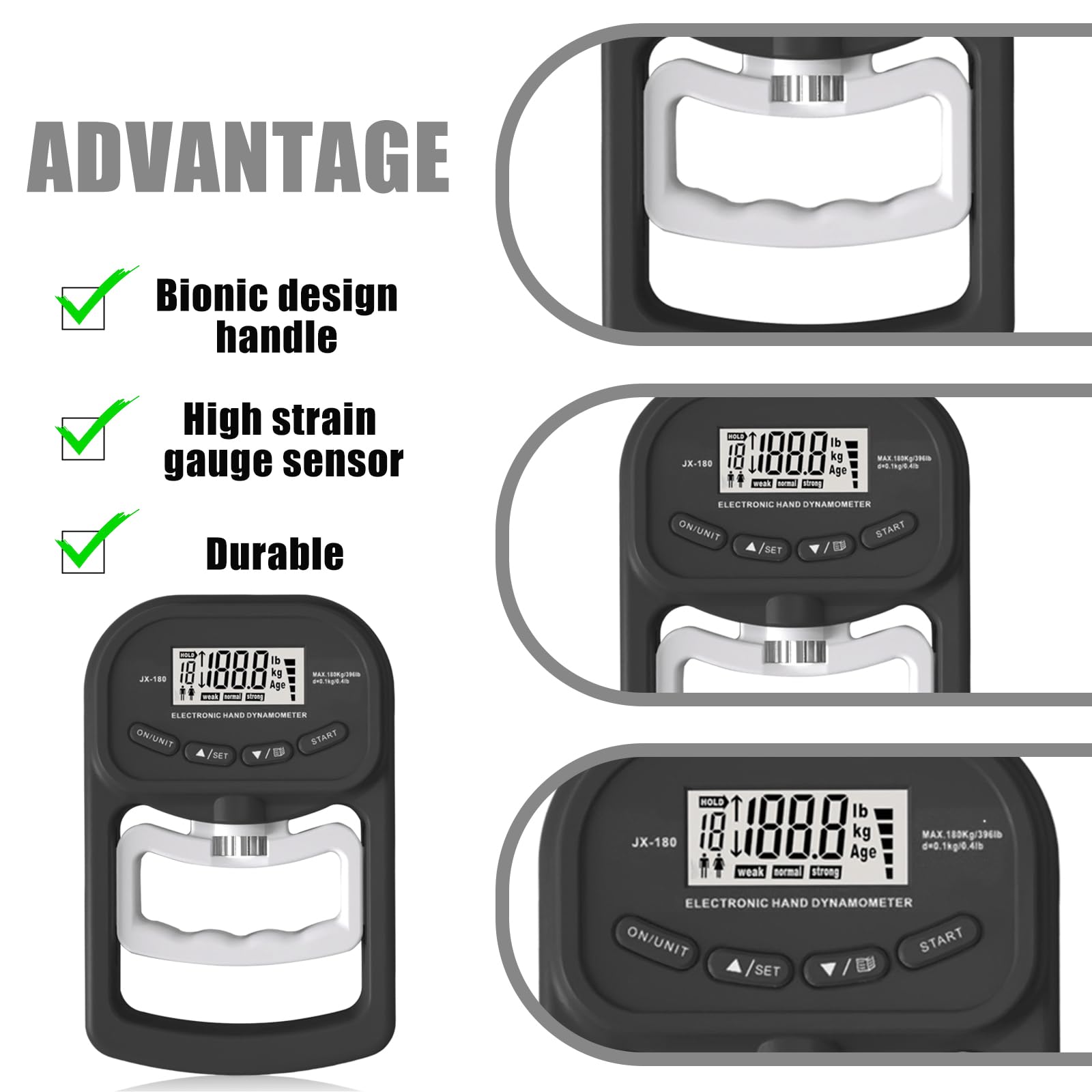 Digitaler Handkraftmessgerät: 396lb/180Kg Elektronische Griffkraft Messgerät, LED Display Grip Strength Trainer, Dynamometer mit USB-Ladekabel, Digitaler Griffstärke-Messung, Hand Dynamometer