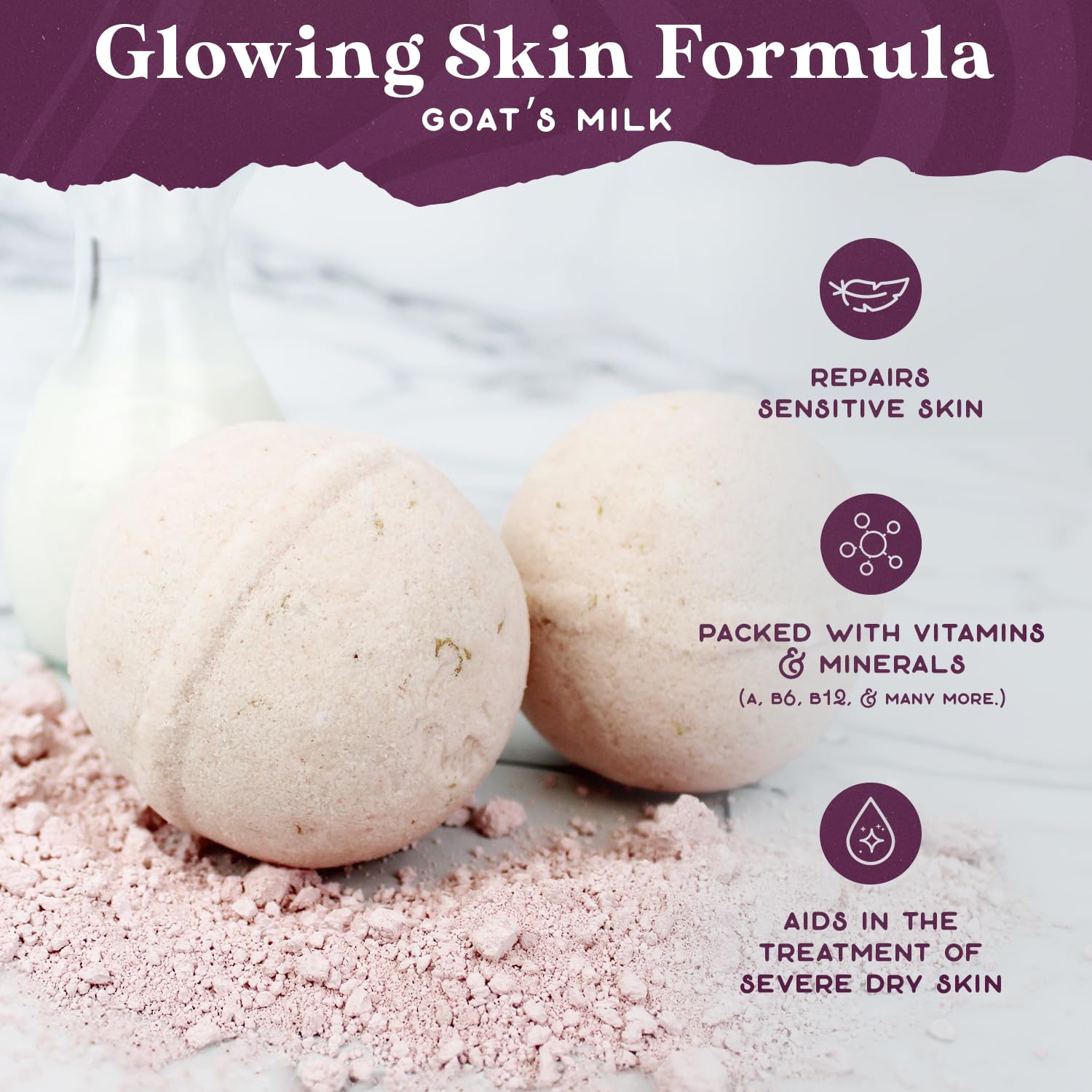 PURPLE CANYON Bombe da bagno naturali di capra brillanti | Latte di capra idratante per la pelle con argilla di calamina rosa per pelli sensibili | Bombe da bagno fatte a mano senza profumo per