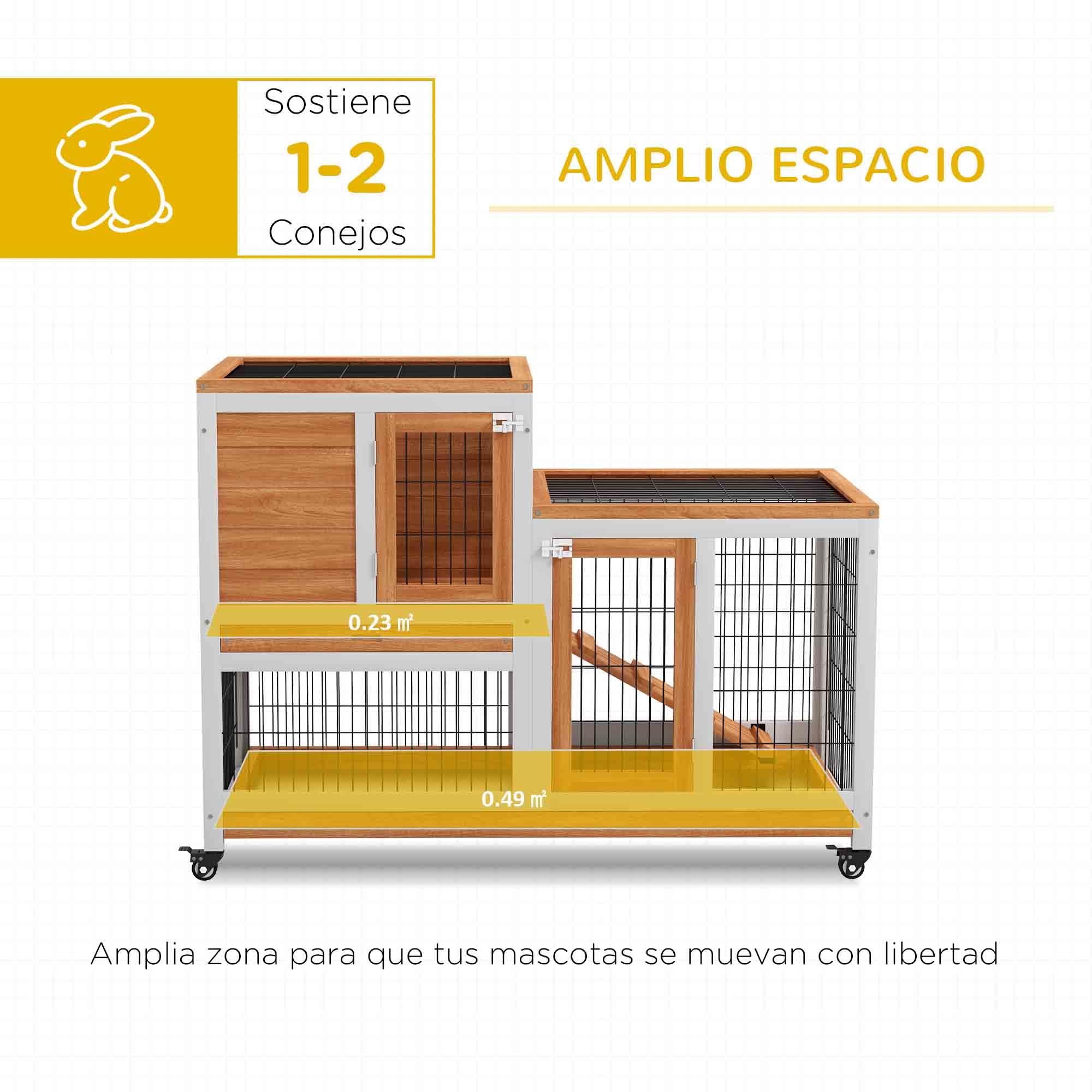 PawHut Conejera de Madera de 2 Niveles Jaula para Conejos con Ruedas Puertas Zona Abierta Rampa y 2 Bandejas Extraíbles Conejera para Interior 110x50x88 cm Natural y Blanco