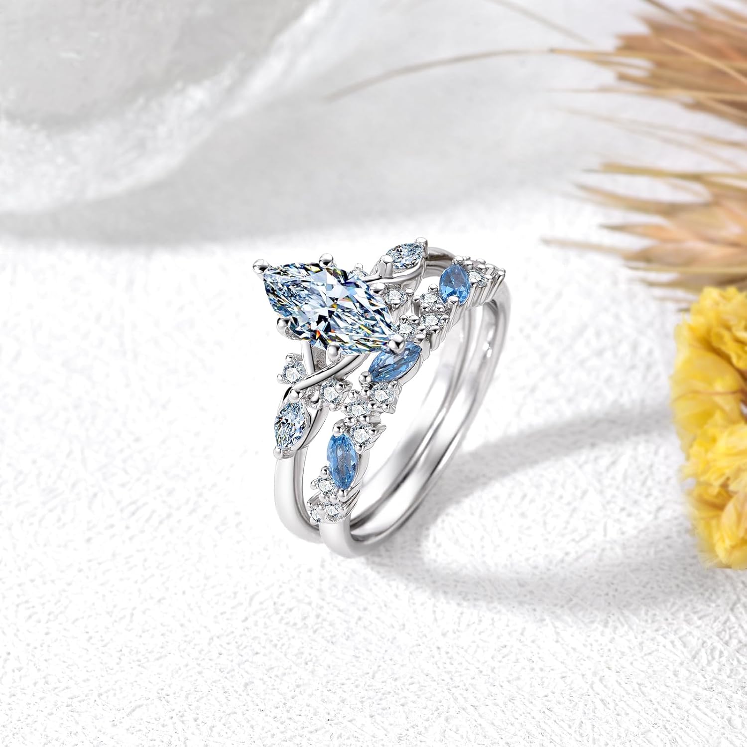 2.0 Carat(ctw) Marquise-Cut Moissanite Engagement Rings Sets for Women,10K 14K 18K Solid Gold Aquamarine Wedding Rings Sets,Bridal Ring Sets with Free Engraving