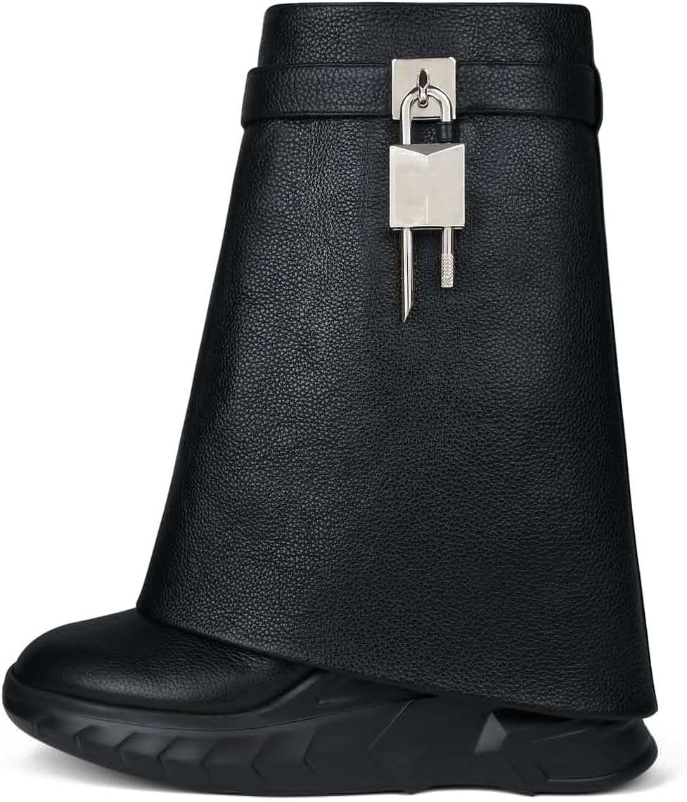Women's Padlock Ankle Boots Fold Over Boots Platform Wedges Round Toe Mid Calf Biker Boot Fashion Comfort Short Boots for Women