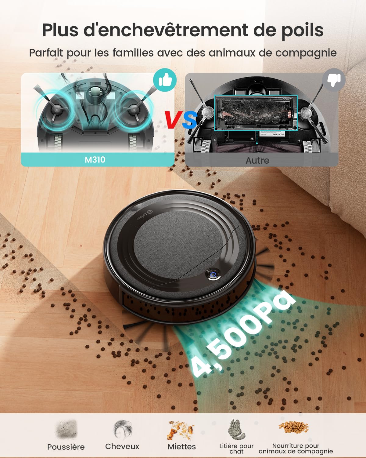 Lefant Robot Aspirateur M310 avec Navigation Précise, 4500 Pa, Autonomie de 150 Min, Filtre HEPA, Compatible Wi-FI, Idéal pour Poils d'animaux, Tapis et Sols Durs