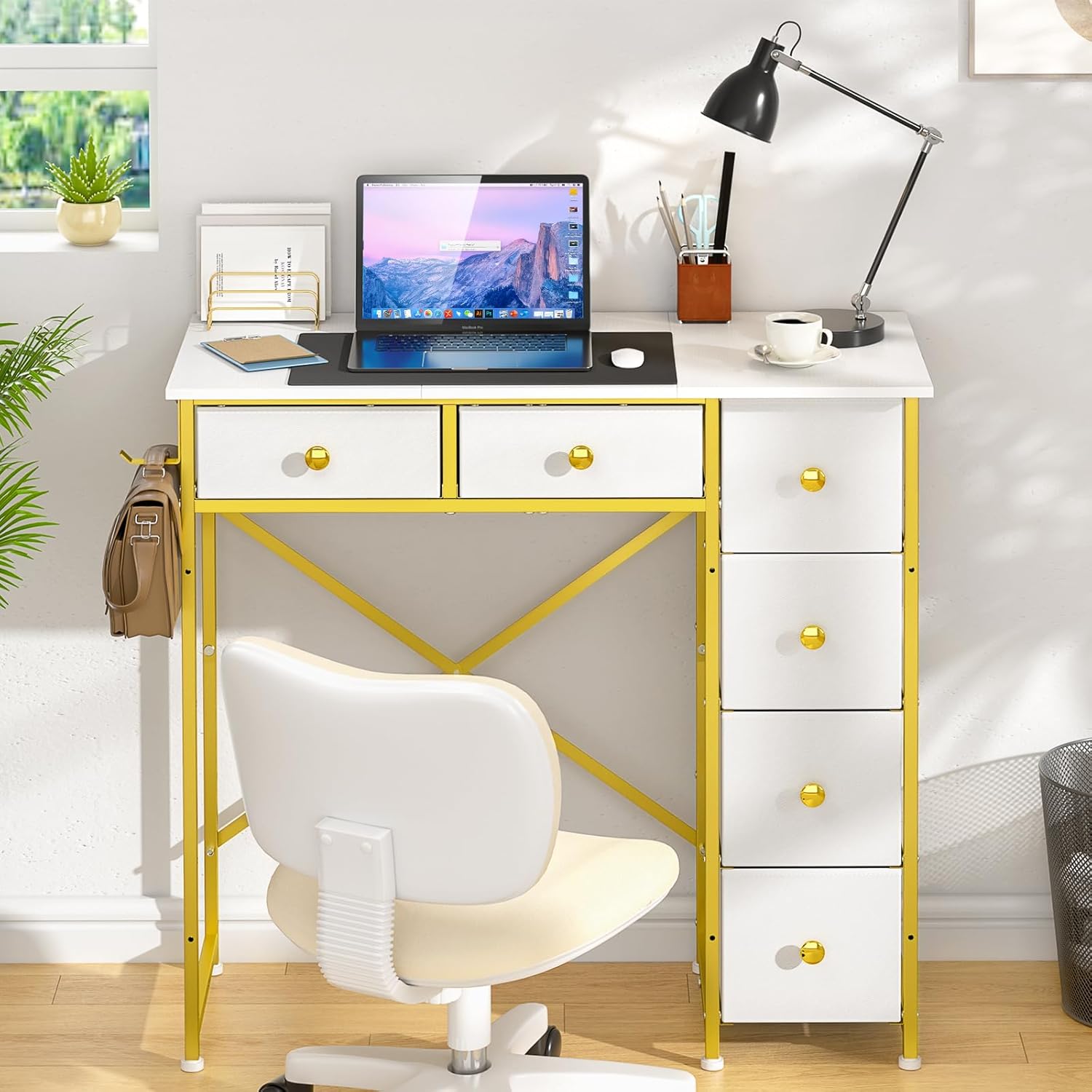 Small Computer Desk with 6 Drawers, 32 Inches Work Table for Home Office, Writing Desk with Storage, Compact Study Desk for Small Spaces, Kids Study Desk for Bedroom, White and Golden