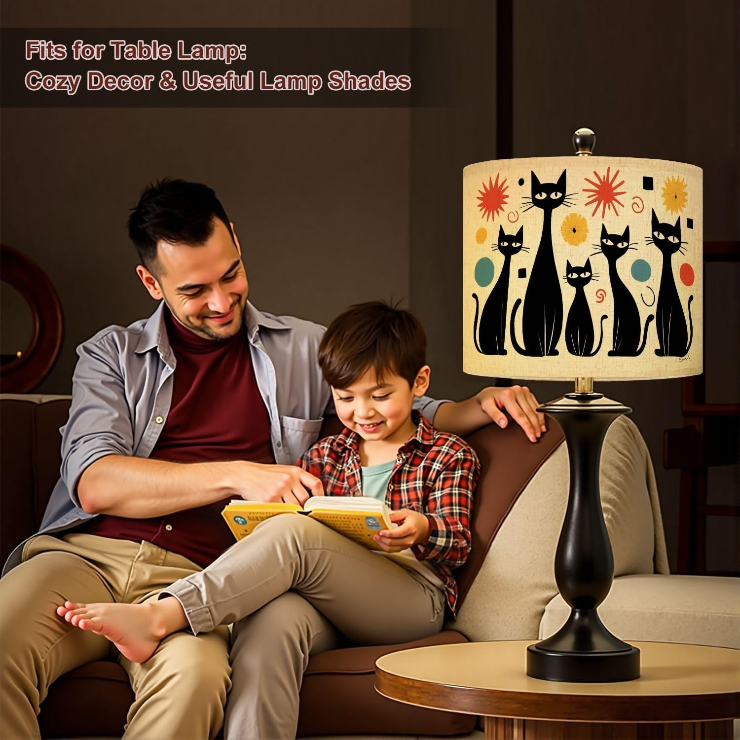 Lamp Shades Large Lamp Shade Mid Century Modern Atomic Cat Diamonds Black Retro Abstract Linen Shade for Pendant Light Table Lampshade Floor Lampshades Drum Boho 1 Pack Replacement