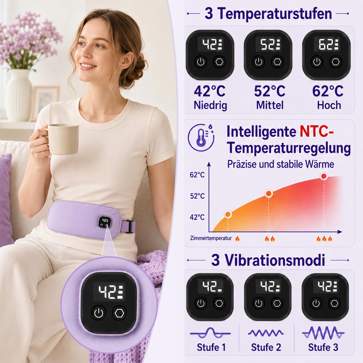 Wärmegürtel Periode, 5000mAh Perioden Wärmegürtel für Krämpfe, 3 Wärmestufen&Vibrationsmassage, 11x140cm Kabellos Heizgürtel für Periode-Bauch und -Rücken, Geschenk für Frauen und Mädchen (Lila)