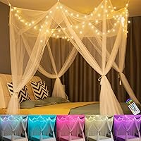 OYCBUZO White Princess Bed Canopy with 24-Color Star Fairy Lights, 8-Corner 4-Door Remote Timer Curtains for Twin Full Queen King Beds Girls Women