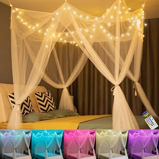 OYCBUZO White 8-Corner Princess Bed Canopy with 24-Color Star LED Lights, Remote Timer - Twin Full Queen King