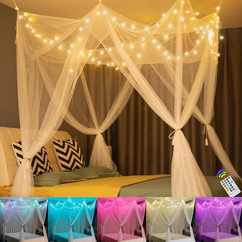 White Bed Canopy with 24 Colors Star Lights for Girls,