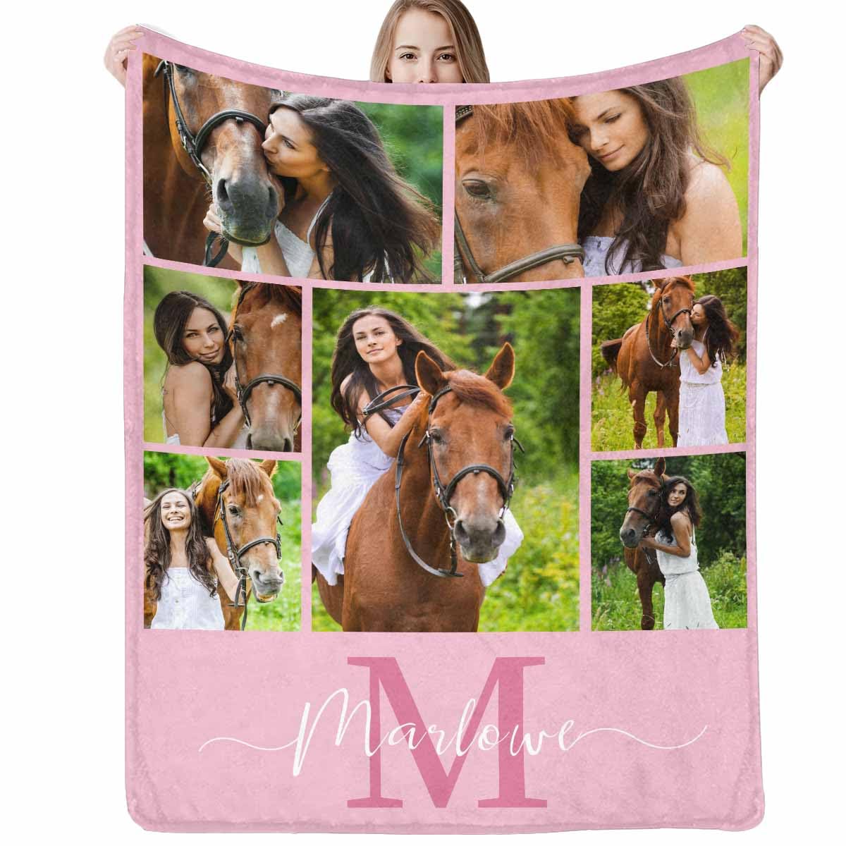 Custom Horse Blanket With Photo and Name - Personalized Collage Design Printed Throw for Women Men - Pet Lover Gifts - Customized Soft Flannel Blanket