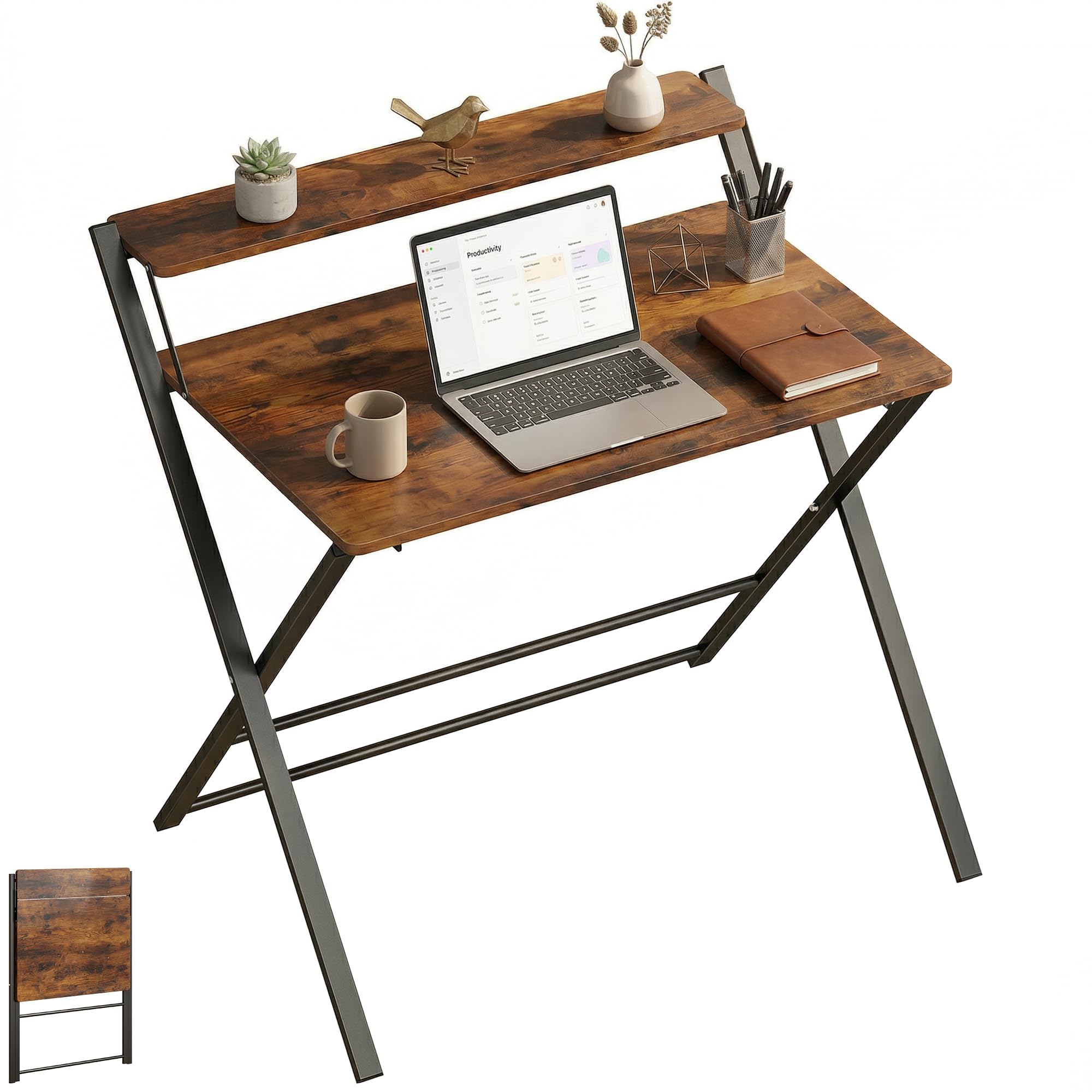 Homcom Brown Folding Desk With 2-Tier Shelf For Home Office In